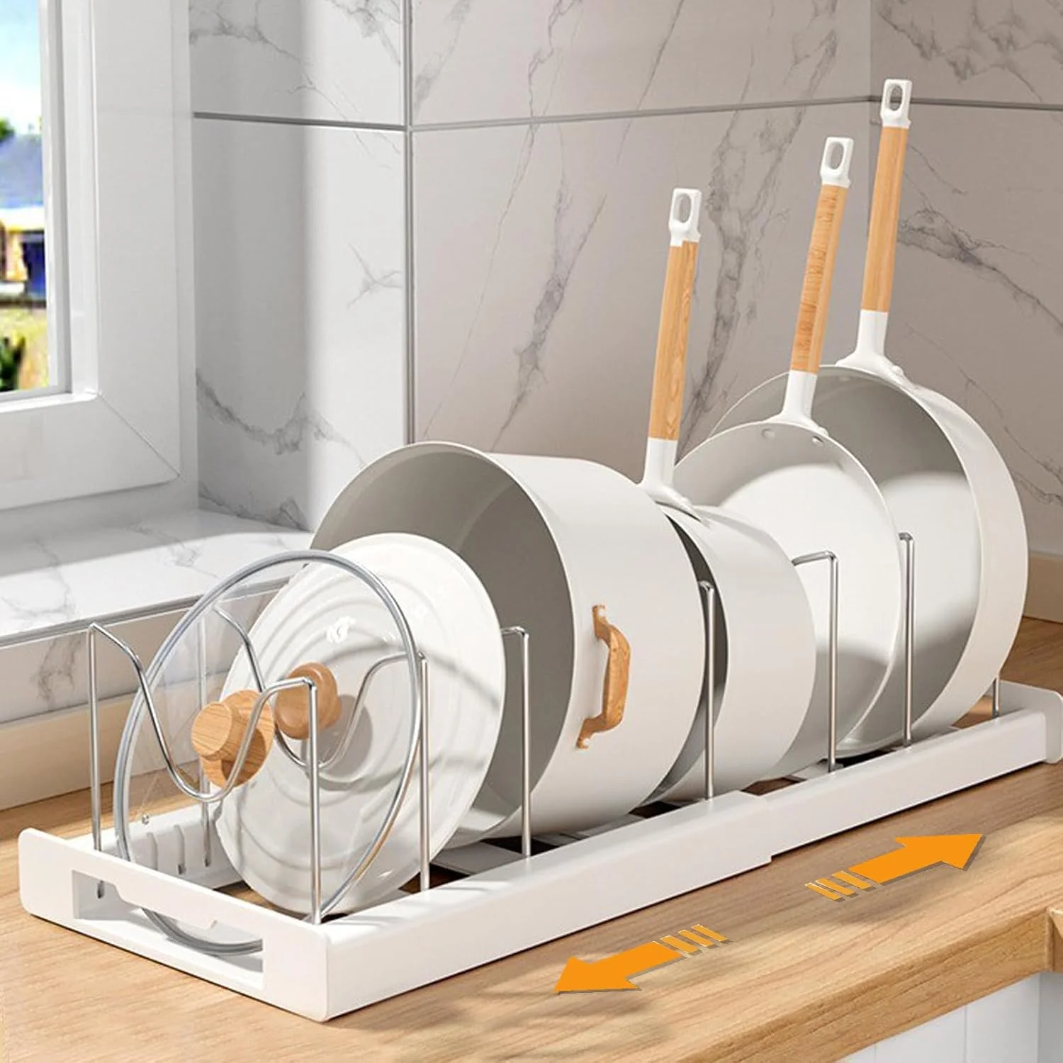 ارگانایزر قابلمه و تابه قابل گسترش HIKKY، قفسه ارگانایزر درب قابلمه برای سازماندهی و نگهداری کابینت آشپزخانه با 7 جداکننده قابل تنظیم و نوار ضد خش