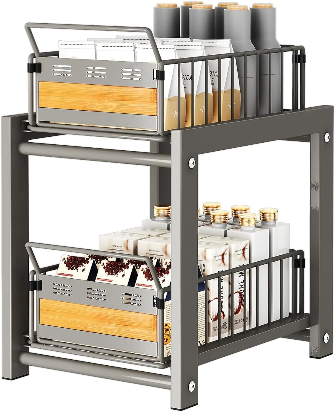 قفسه کشویی زیر سینک ظرفشویی آشپزخانه Hoisimdy، سازمان دهنده کشویی قفسه، قفسه ادویه با ظرفیت بزرگ، 2 طبقه (خاکستری)
