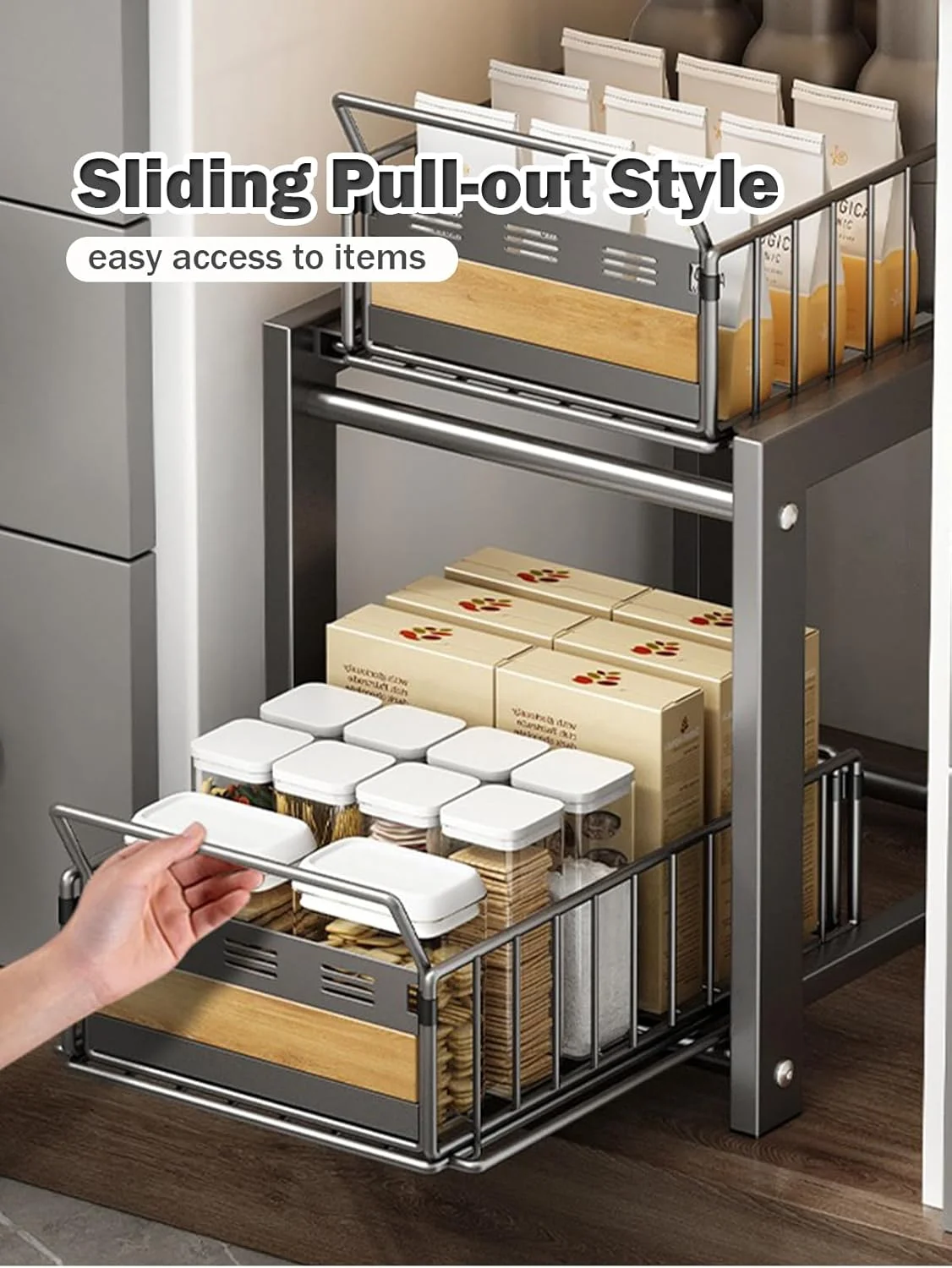 قفسه کشویی زیر سینک ظرفشویی آشپزخانه Hoisimdy، سازمان دهنده کشویی قفسه، قفسه ادویه با ظرفیت بزرگ، 2 طبقه (خاکستری)