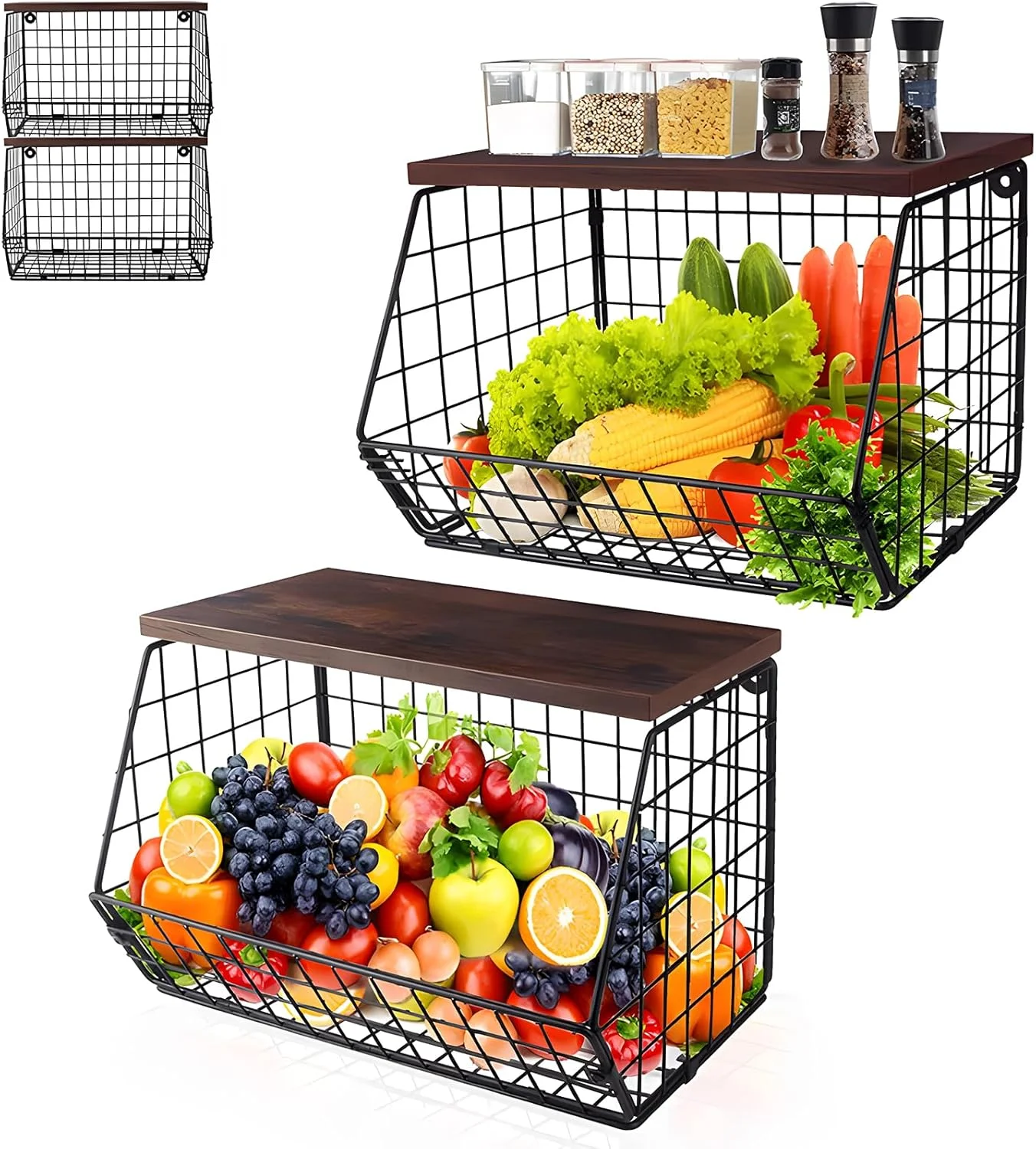 سبدهای سیمی دیواری HIKKY، ست 2 عددی با قفسه چوبی بالایی، سازمان دهنده پیشخوان آشپزخانه قابل انباشت برای میوه ها و سبزیجات