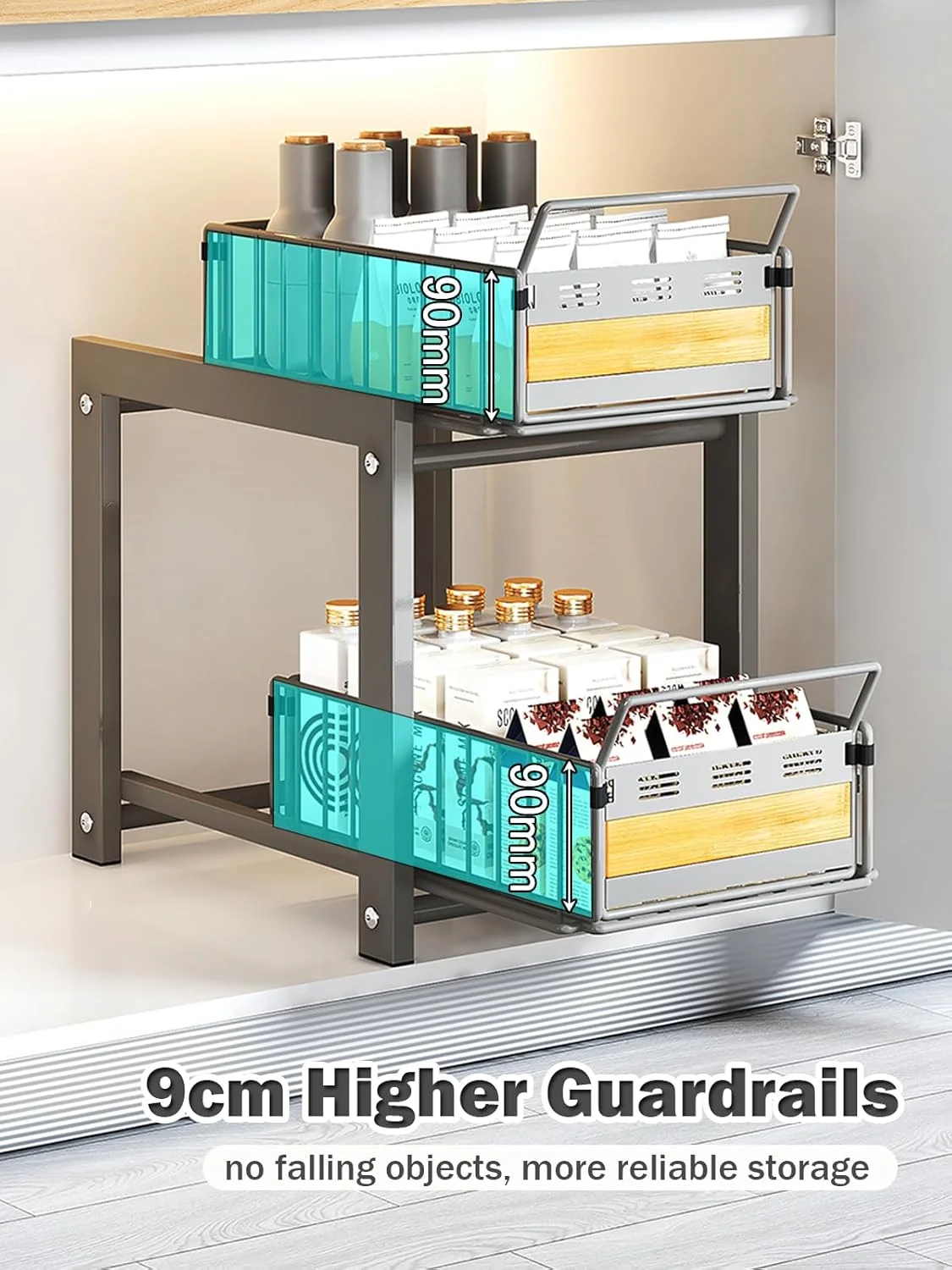 قفسه کشویی زیر سینک ظرفشویی آشپزخانه Hoisimdy، سازمان دهنده کشویی قفسه، قفسه ادویه با ظرفیت بزرگ، 2 طبقه (خاکستری)