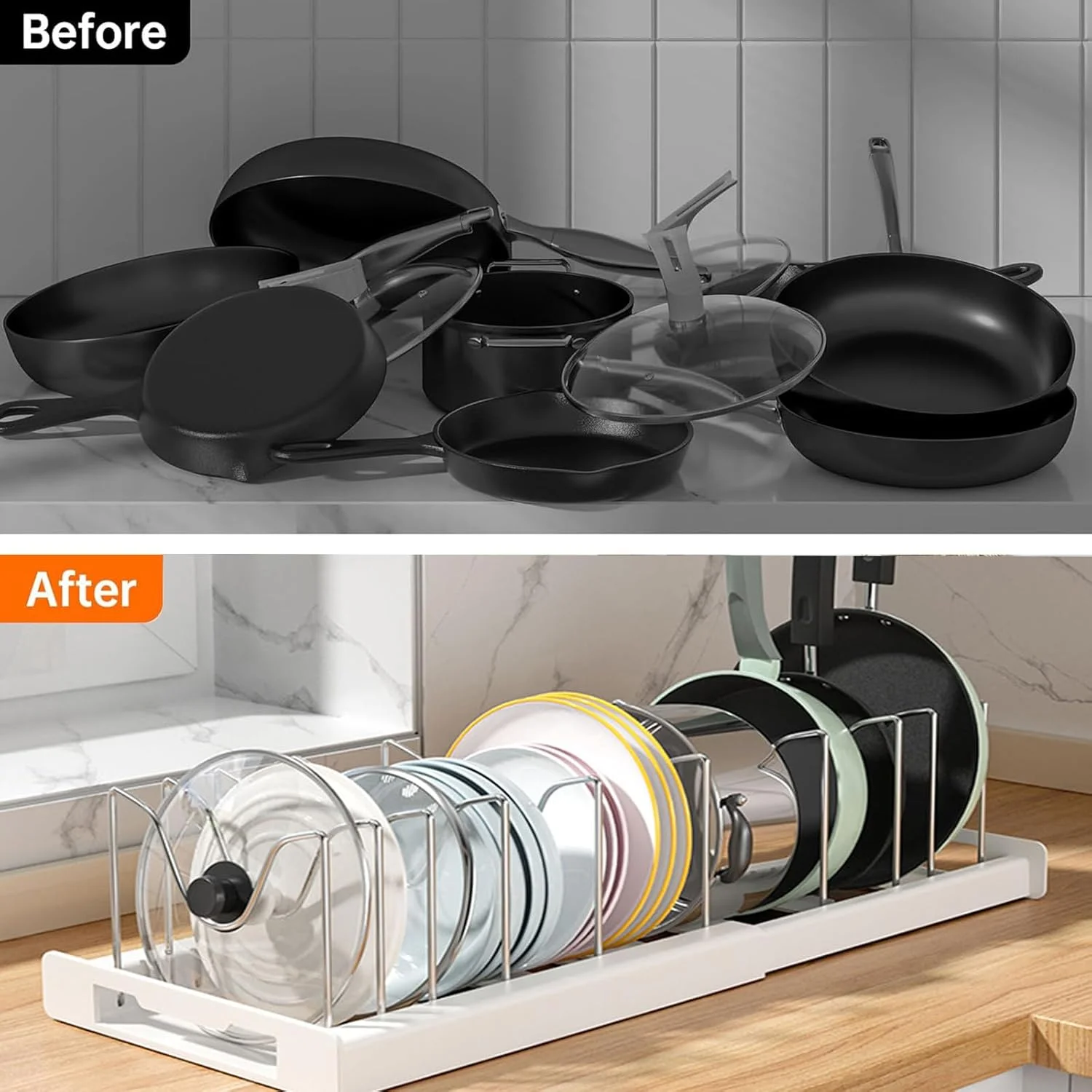 ارگانایزر قابلمه و تابه قابل گسترش HIKKY، قفسه ارگانایزر درب قابلمه برای سازماندهی و نگهداری کابینت آشپزخانه با 7 جداکننده قابل تنظیم و نوار ضد خش ارگانایزر قابلمه و تابه قابل گسترش HIKKY، قفسه ارگانایزر درب قابلمه برای سازماندهی و نگهداری کابینت آشپزخانه با 7 جداکننده قابل تنظیم و نوار ضد خش