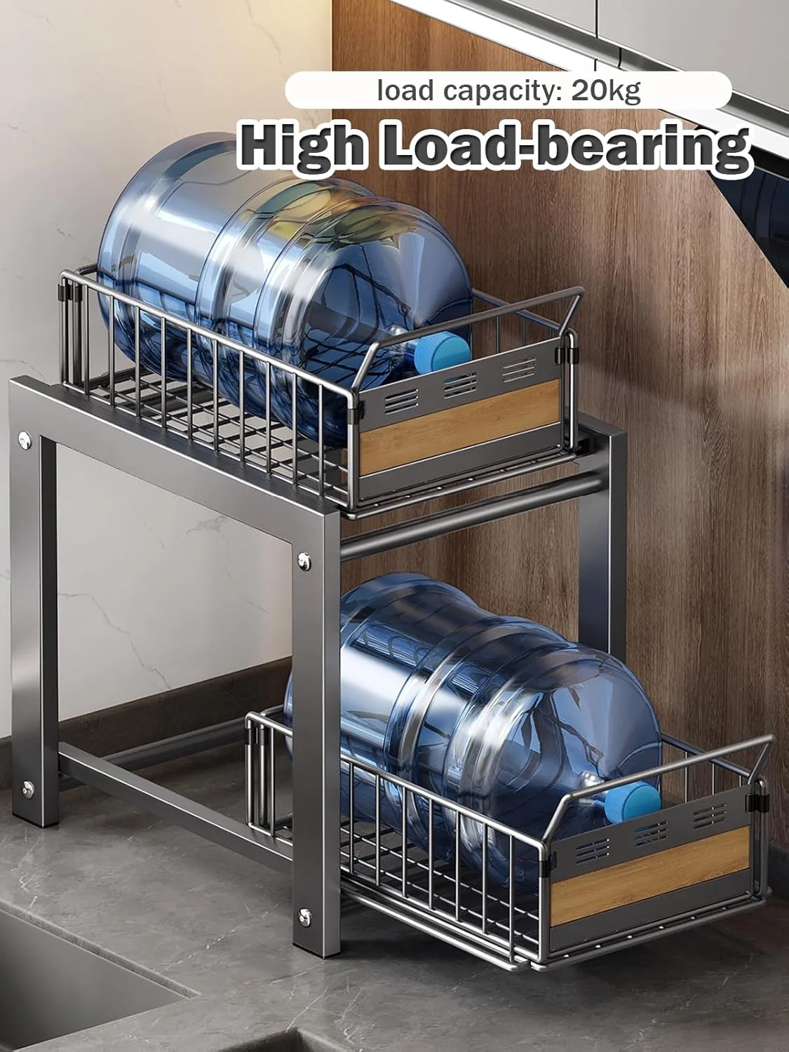 قفسه کشویی زیر سینک ظرفشویی آشپزخانه Hoisimdy، سازمان دهنده کشویی قفسه، قفسه ادویه با ظرفیت بزرگ، 2 طبقه (خاکستری)