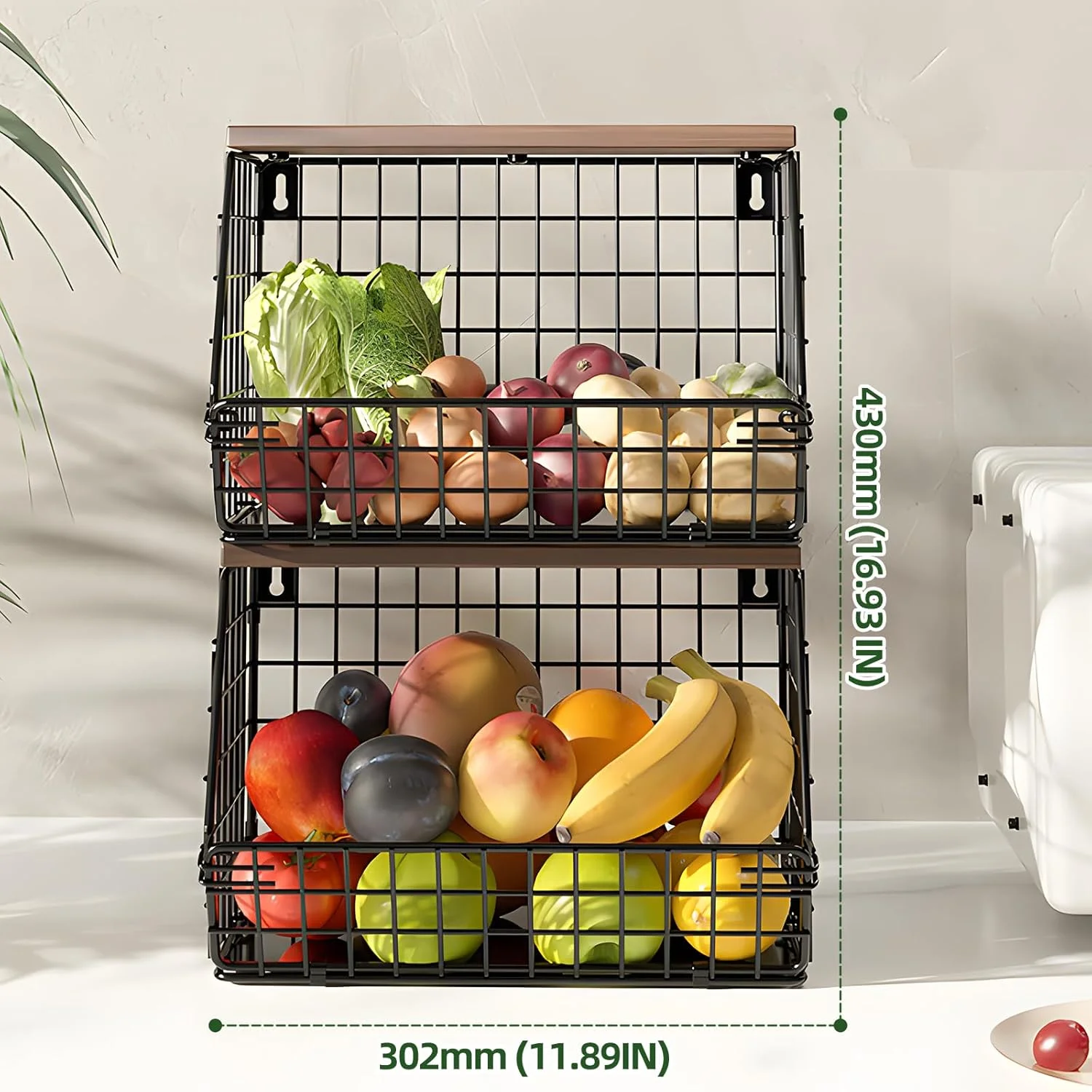 سبدهای سیمی دیواری HIKKY، ست 2 عددی با قفسه چوبی بالایی، سازمان دهنده پیشخوان آشپزخانه قابل انباشت برای میوه ها و سبزیجات