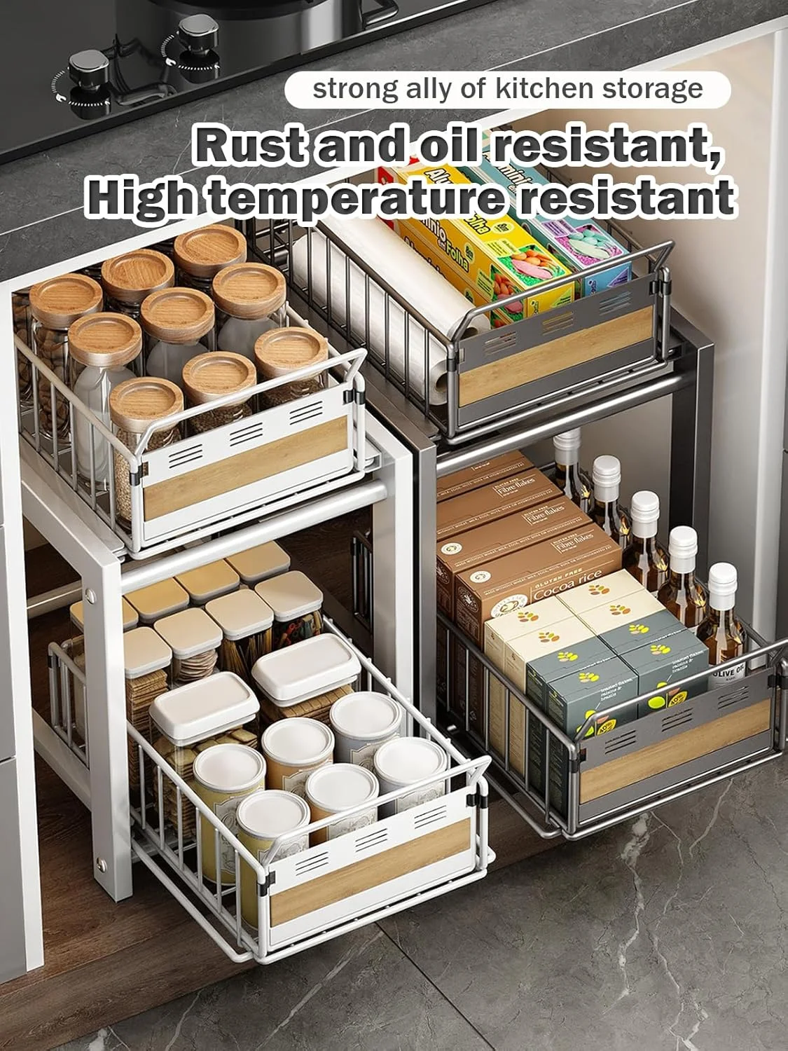 قفسه کشویی زیر سینک ظرفشویی آشپزخانه Hoisimdy، سازمان دهنده کشویی قفسه، قفسه ادویه با ظرفیت بزرگ، 2 طبقه (خاکستری)