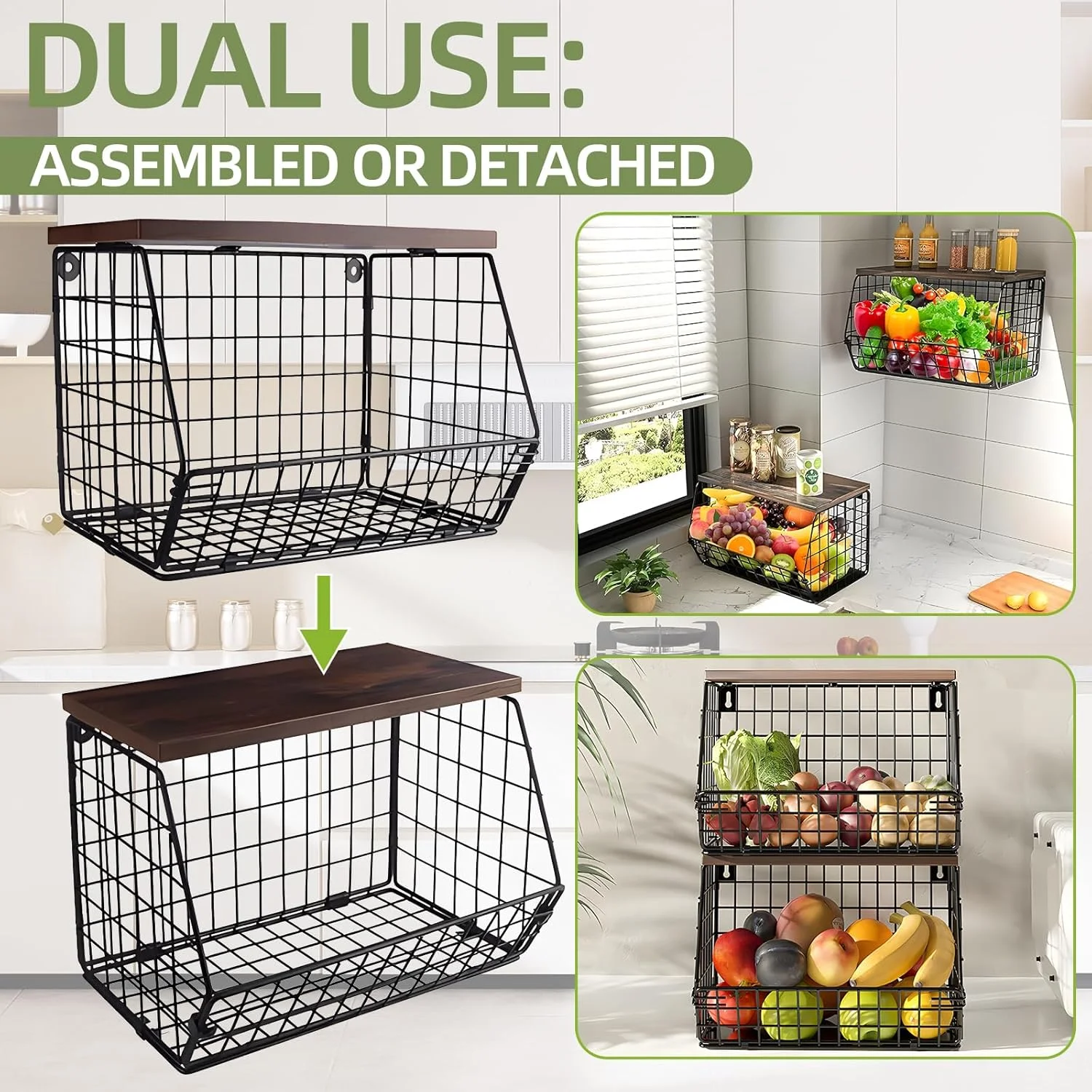 سبدهای سیمی دیواری HIKKY، ست 2 عددی با قفسه چوبی بالایی، سازمان دهنده پیشخوان آشپزخانه قابل انباشت برای میوه ها و سبزیجات