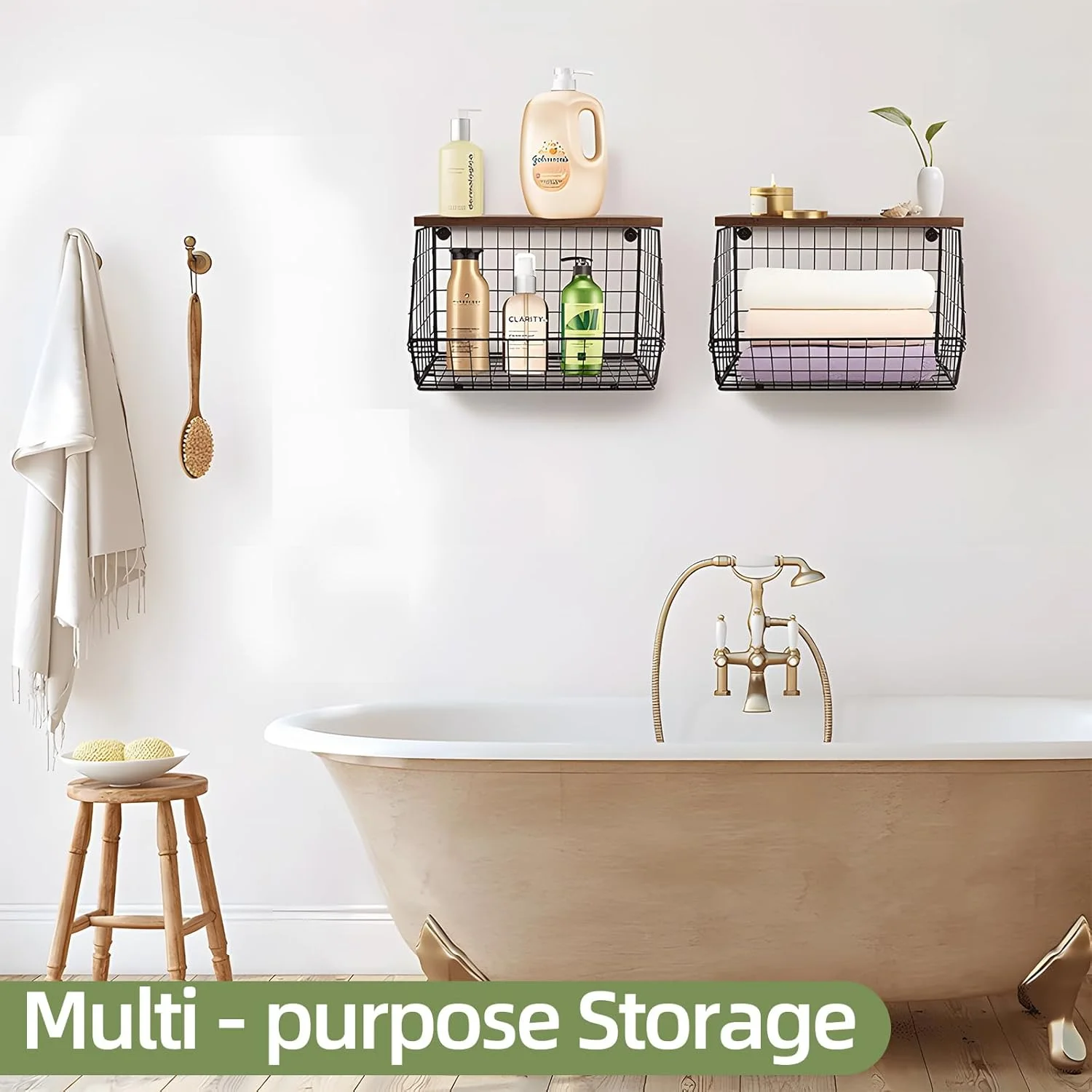 سبدهای سیمی دیواری HIKKY، ست 2 عددی با قفسه چوبی بالایی، سازمان دهنده پیشخوان آشپزخانه قابل انباشت برای میوه ها و سبزیجات