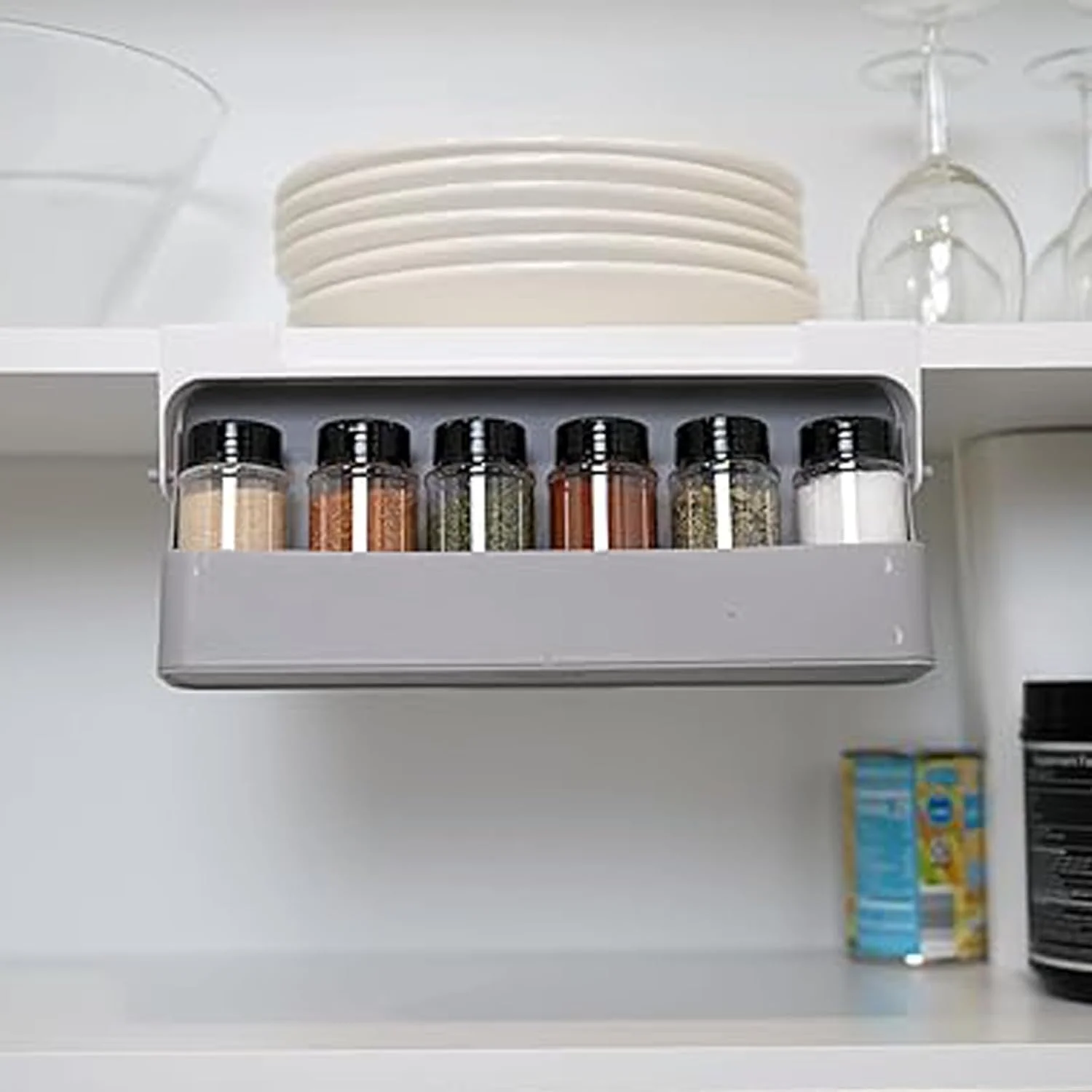 قفسه ادویه HIHIDAY با 6 قوطی ادویه، قفسه سازمان دهنده ادویه کابینت برای آشپزخانه - قفسه سازمان دهنده کشو ادویه بدون نیاز به سوراخ کاری، نصب آسان، بدون نیاز به ابزار (7، خاکستری)