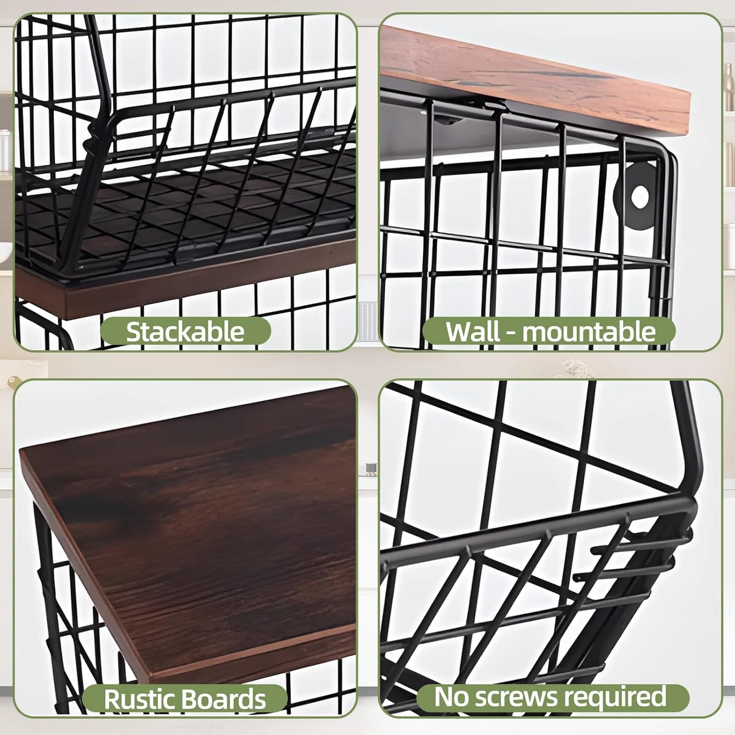 سبدهای سیمی دیواری HIKKY، ست 2 عددی با قفسه چوبی بالایی، سازمان دهنده پیشخوان آشپزخانه قابل انباشت برای میوه ها و سبزیجات