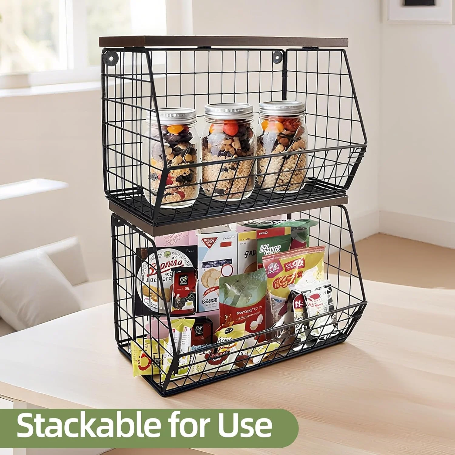 سبدهای سیمی دیواری HIKKY، ست 2 عددی با قفسه چوبی بالایی، سازمان دهنده پیشخوان آشپزخانه قابل انباشت برای میوه ها و سبزیجات