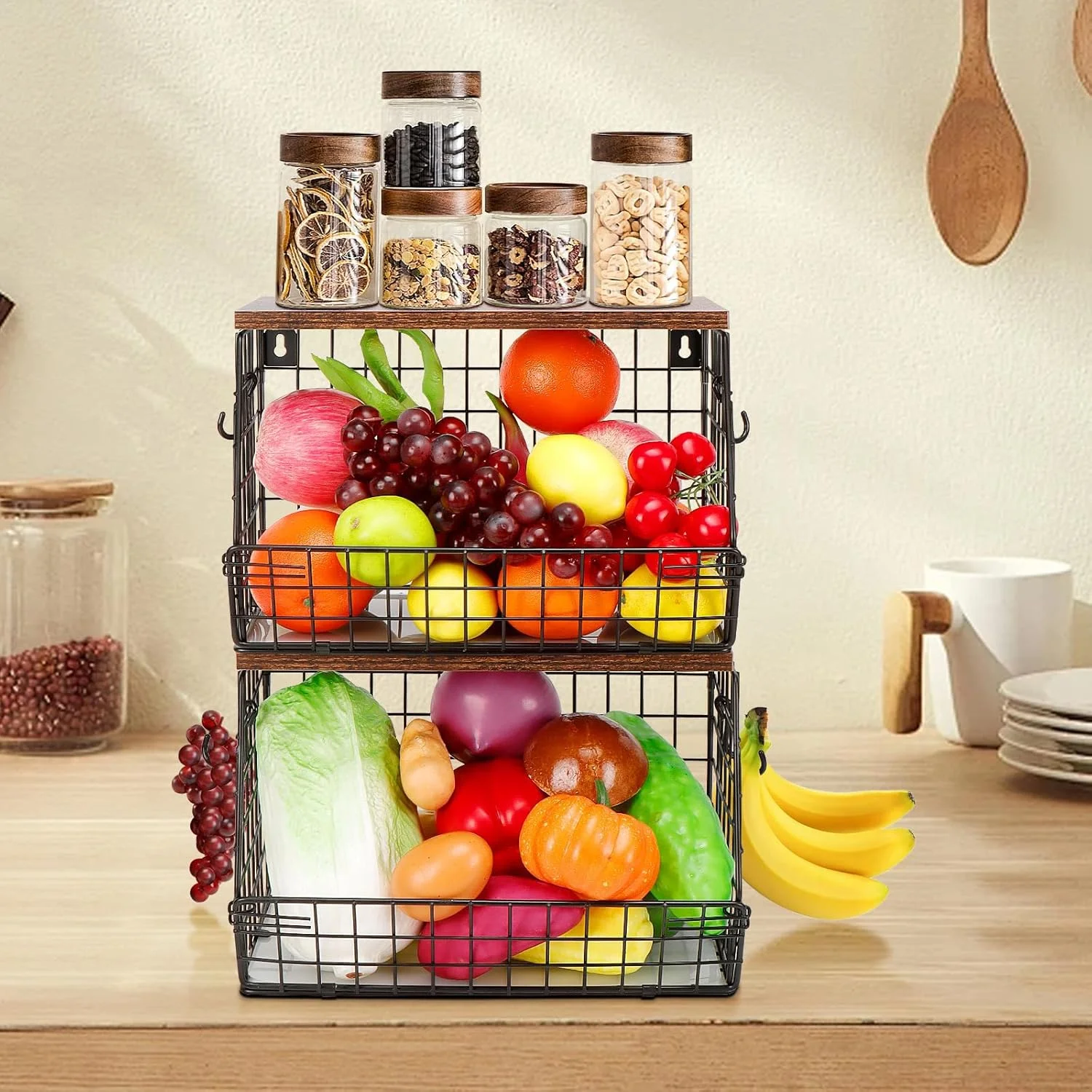سبدهای سیمی دیواری HIKKY، ست 2 عددی با قفسه چوبی بالایی، سازمان دهنده پیشخوان آشپزخانه قابل انباشت برای میوه ها و سبزیجات