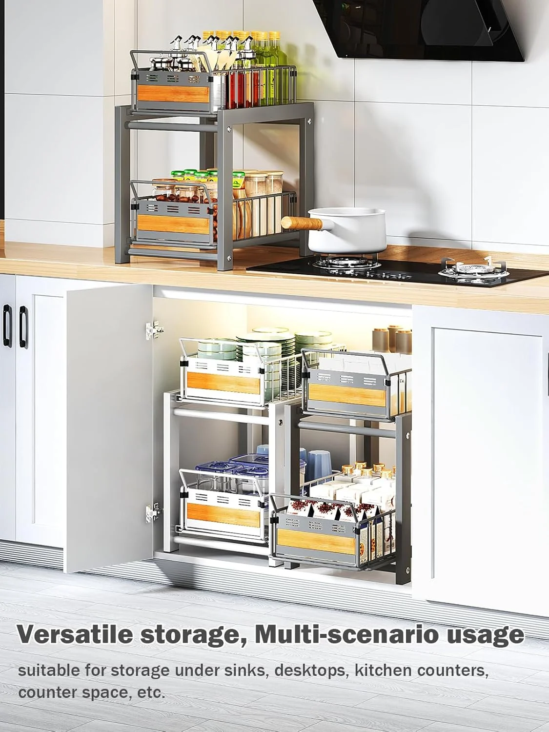 قفسه کشویی زیر سینک ظرفشویی آشپزخانه Hoisimdy، سازمان دهنده کشویی قفسه، قفسه ادویه با ظرفیت بزرگ، 2 طبقه (خاکستری)