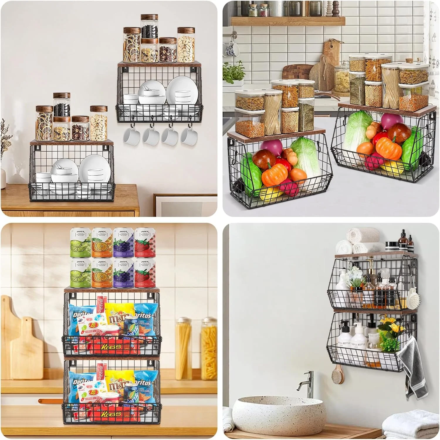 سبدهای سیمی دیواری HIKKY، ست 2 عددی با قفسه چوبی بالایی، سازمان دهنده پیشخوان آشپزخانه قابل انباشت برای میوه ها و سبزیجات