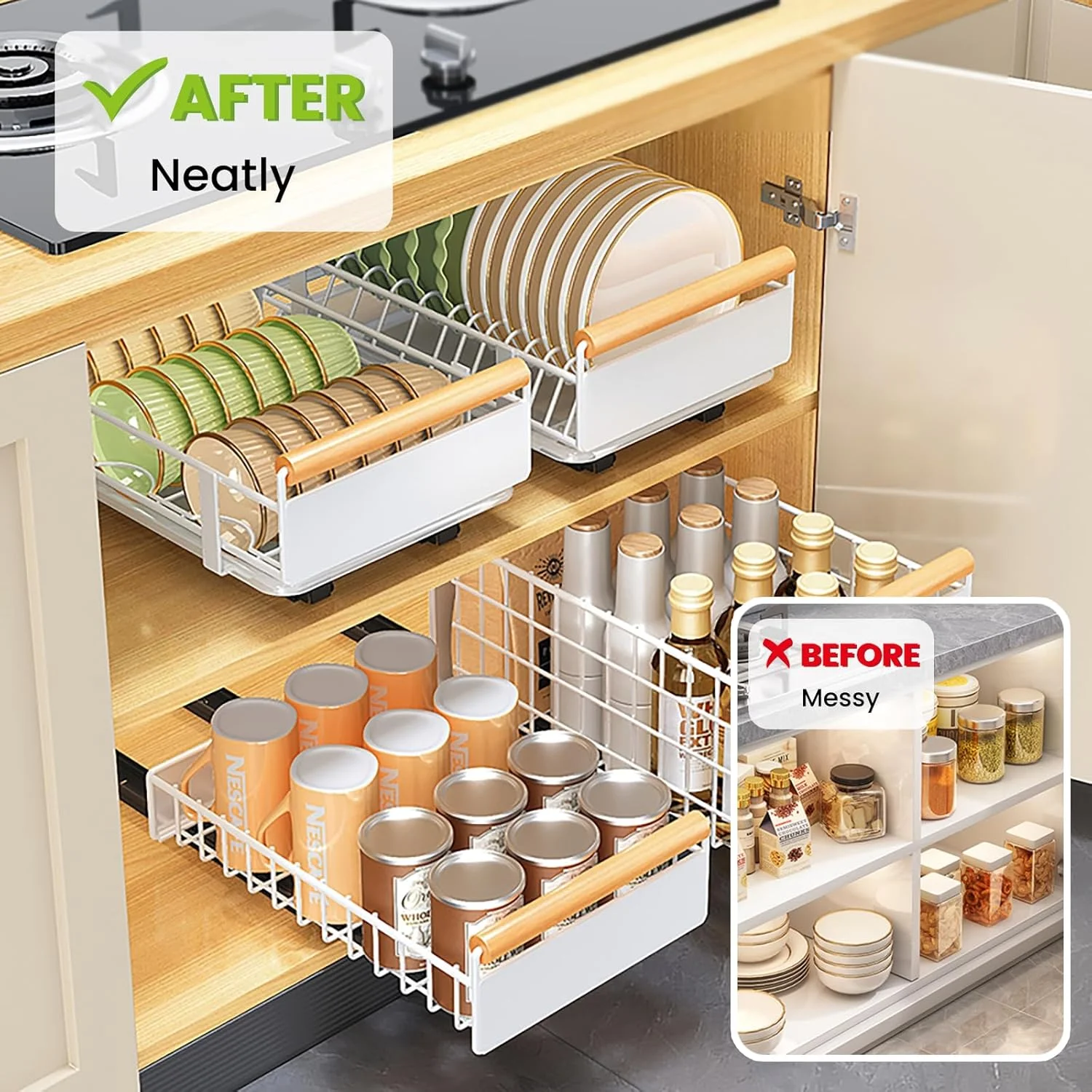 سازمان دهنده کابینت کشویی HIKKY، قفسه کشویی سنگین، آبچکان داخل کابینت، سازمان دهنده و نگهدارنده زیر سینک، قفسه نگهداری ادویه با دستگیره برای آشپزخانه، حمام، خانه