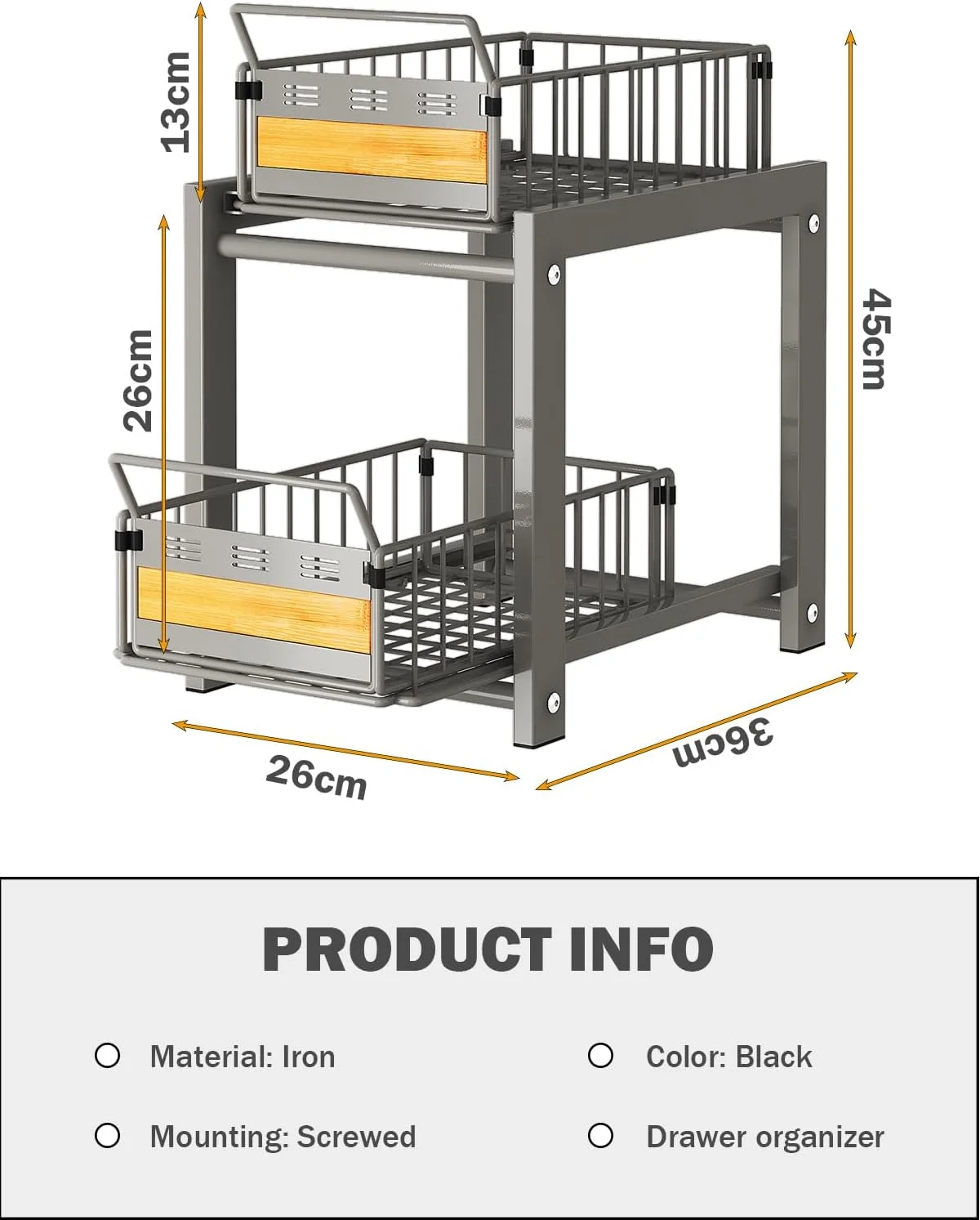 قفسه کشویی زیر سینک ظرفشویی آشپزخانه Hoisimdy، سازمان دهنده کشویی قفسه، قفسه ادویه با ظرفیت بزرگ، 2 طبقه (خاکستری)