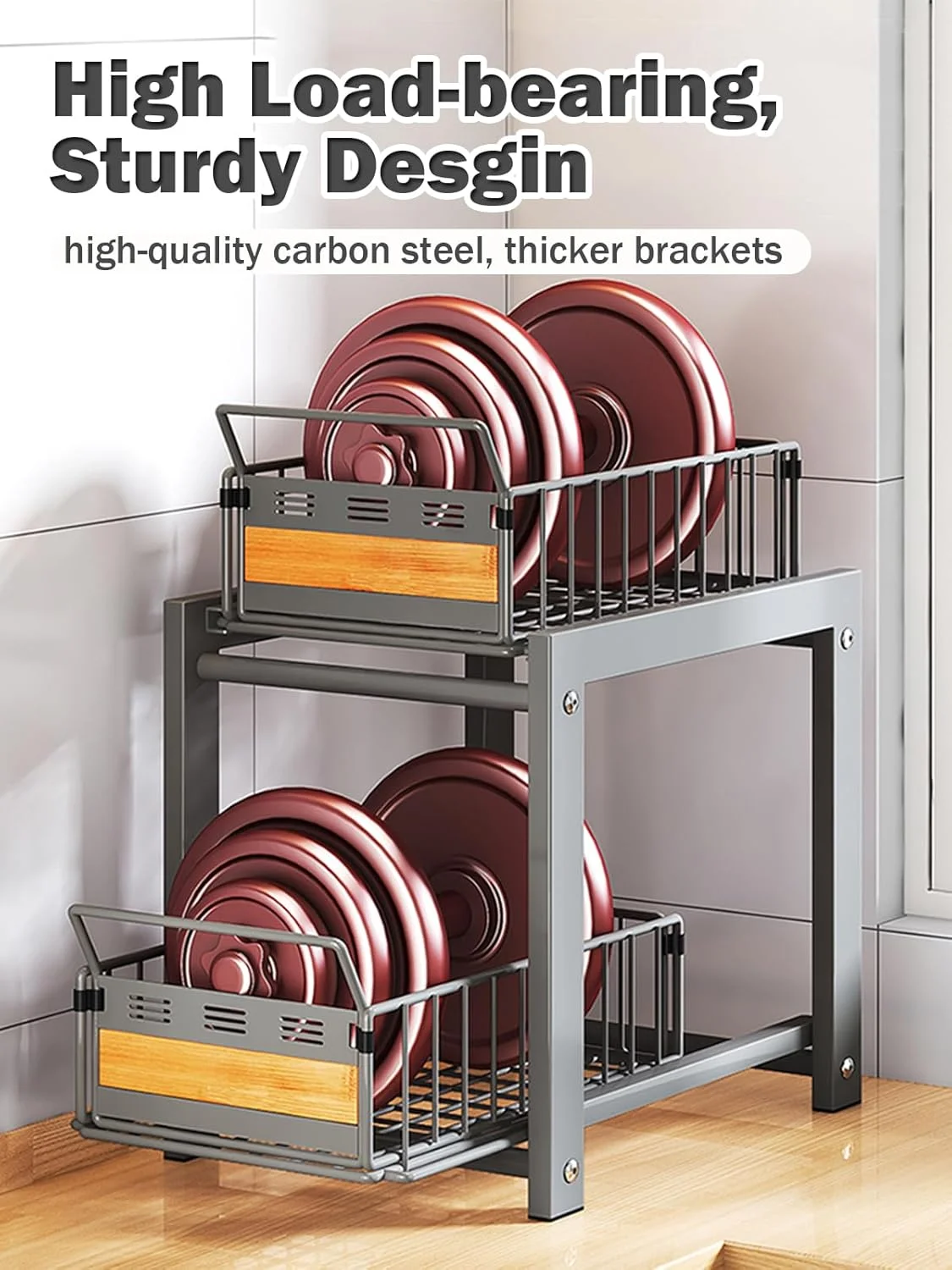 قفسه کشویی زیر سینک ظرفشویی آشپزخانه Hoisimdy، سازمان دهنده کشویی قفسه، قفسه ادویه با ظرفیت بزرگ، 2 طبقه (خاکستری)