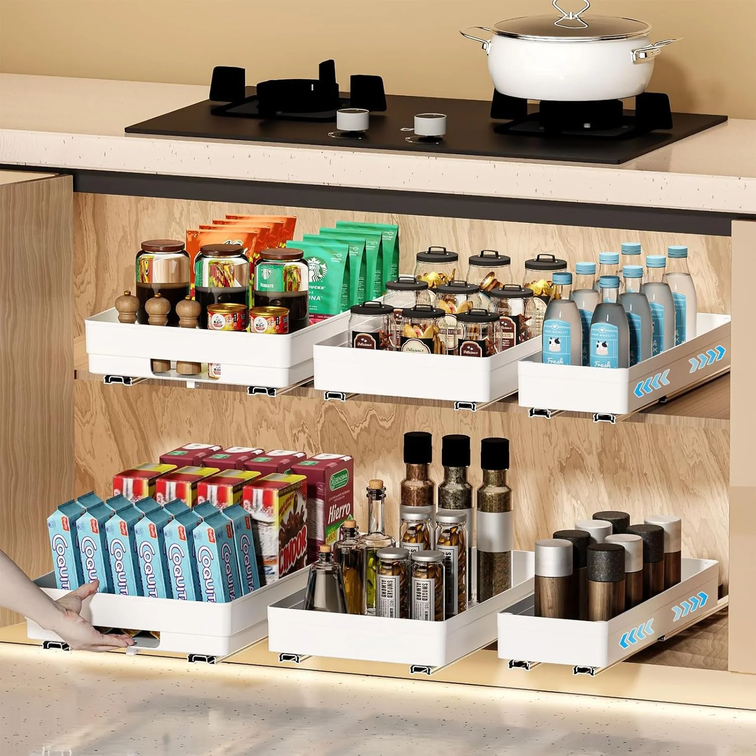 ارگانایزر کابینت کشویی 3 عددی هاهامیا با چسب پشتی، کشوهای کشویی ارتقا یافته برای کابینت های آشپزخانه، حمام، انبار - سفید