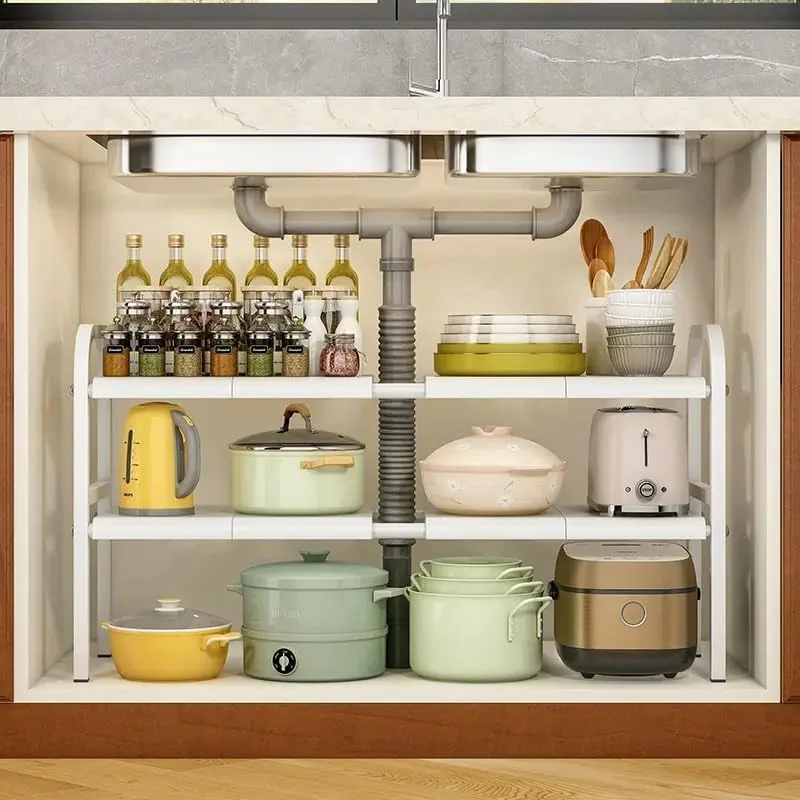 GStorm - نظم دهنده چند منظوره 2 طبقه زیر سینک ظرفشویی، نظم دهنده 2 طبقه با مشخصات چندگانه و قابلیت گسترش، مناسب برای نگهداری در کابینت آشپزخانه و حمام (مشکی)