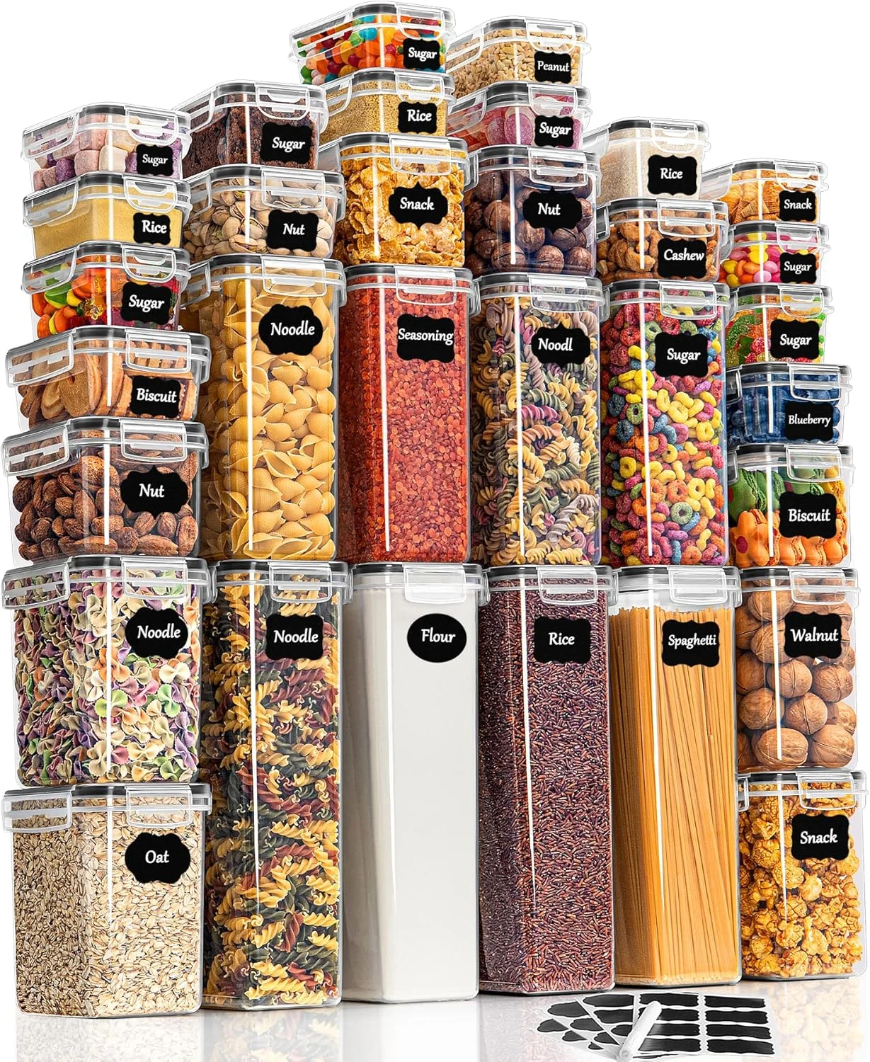 ظروف نگهداری مواد غذایی درب دار GoMaihe: 32 عدد ظروف پلاستیکی | سازمان دهنده و نگهداری آشپزخانه و انبار برای غلات، آرد، شکر، تنقلات | شامل برچسب و ماژیک ظروف نگهداری مواد غذایی درب دار GoMaihe: 32 عدد ظروف پلاستیکی | سازمان دهنده و نگهداری آشپزخانه و انبار برای غلات، آرد، شکر، تنقلات | شامل برچسب و ماژیک