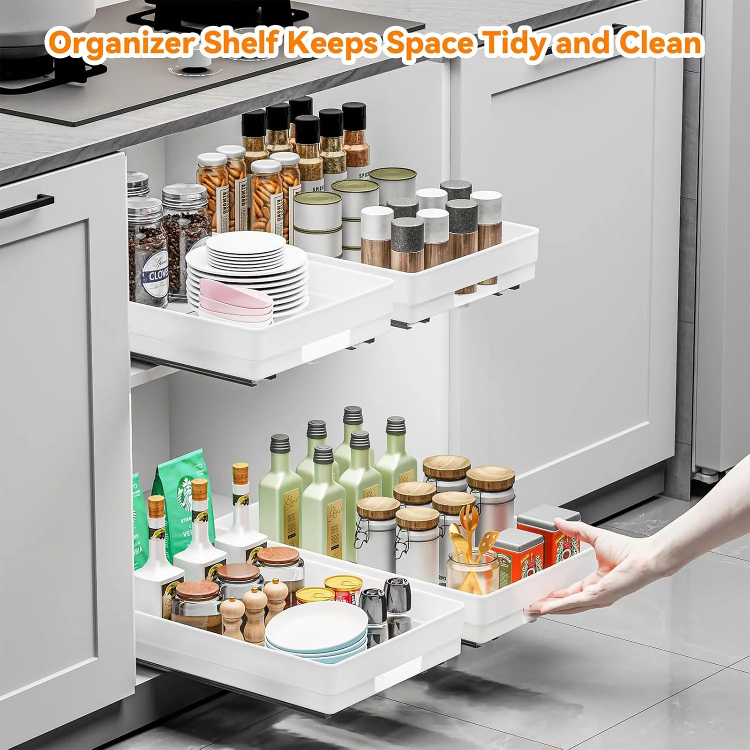 ارگانایزر کابینت کشویی 3 عددی هاهامیا با چسب پشتی، کشوهای کشویی ارتقا یافته برای کابینت های آشپزخانه، حمام، انبار - سفید