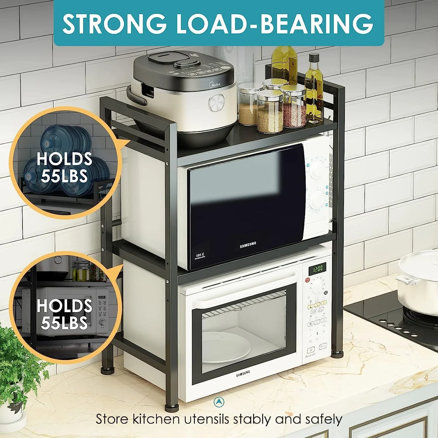 قفسه مایکروویو قابل گسترش GGEROU، قفسه مایکروویو/توستر، پایه سنگین، سازمان دهنده روی میز آشپزخانه، ارتفاع و طول قابل تنظیم، 2 طبقه با 6 قلاب، ظرفیت وزنی 25 کیلوگرم (2 طبقه) قفسه مایکروویو قابل گسترش GGEROU، قفسه مایکروویو/توستر، پایه سنگین، سازمان دهنده روی میز آشپزخانه، ارتفاع و طول قابل تنظیم، 2 طبقه با 6 قلاب، ظرفیت وزنی 25 کیلوگرم (2 طبقه)