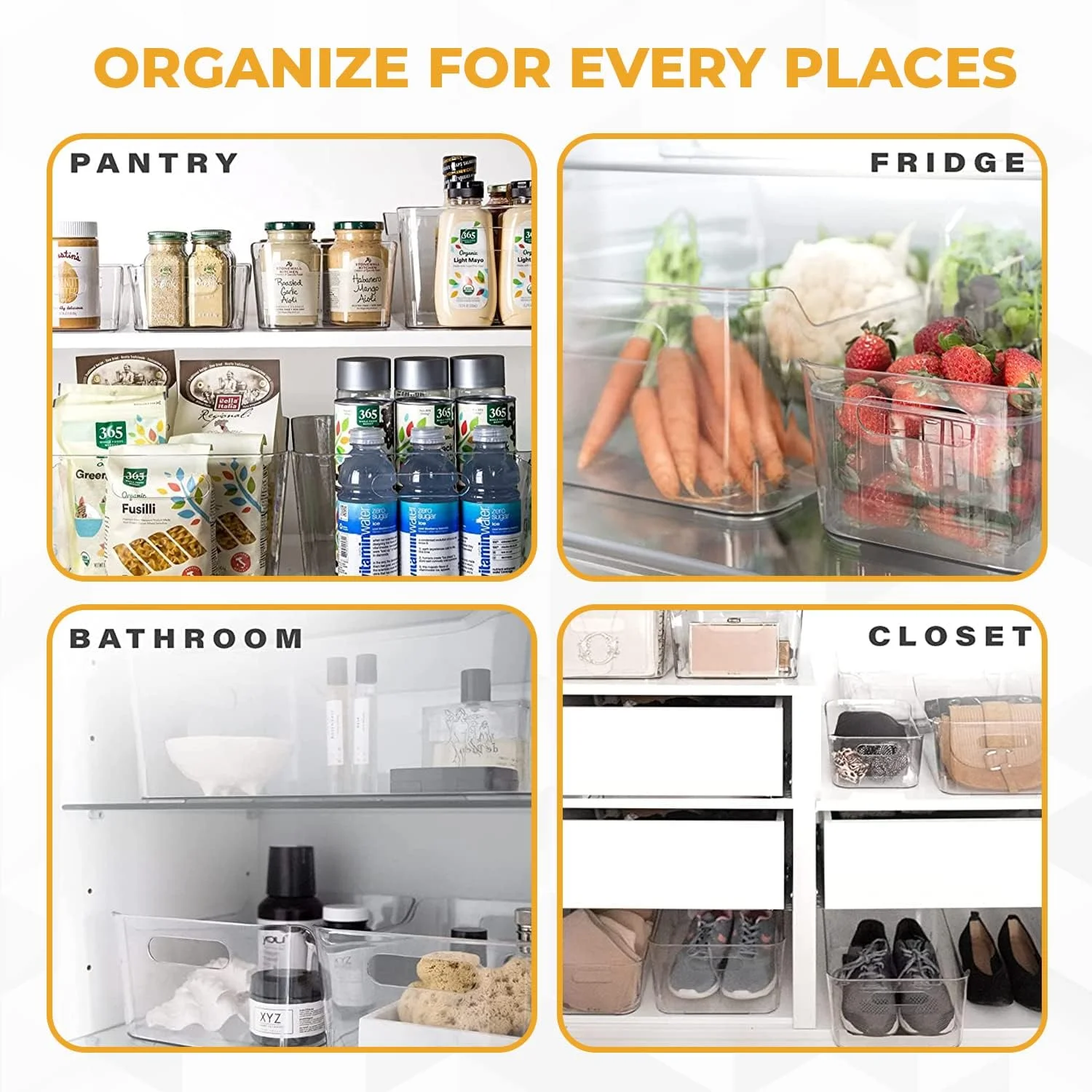 ظروف سازمان دهنده یخچال Genr، 4 عدد (بزرگ) - ظروف شفاف نگهداری مواد غذایی با دستگیره - ظروف شفاف برای نگهداری میوه و سبزیجات، فریزر، سازمان دهنده کابینت آشپزخانه