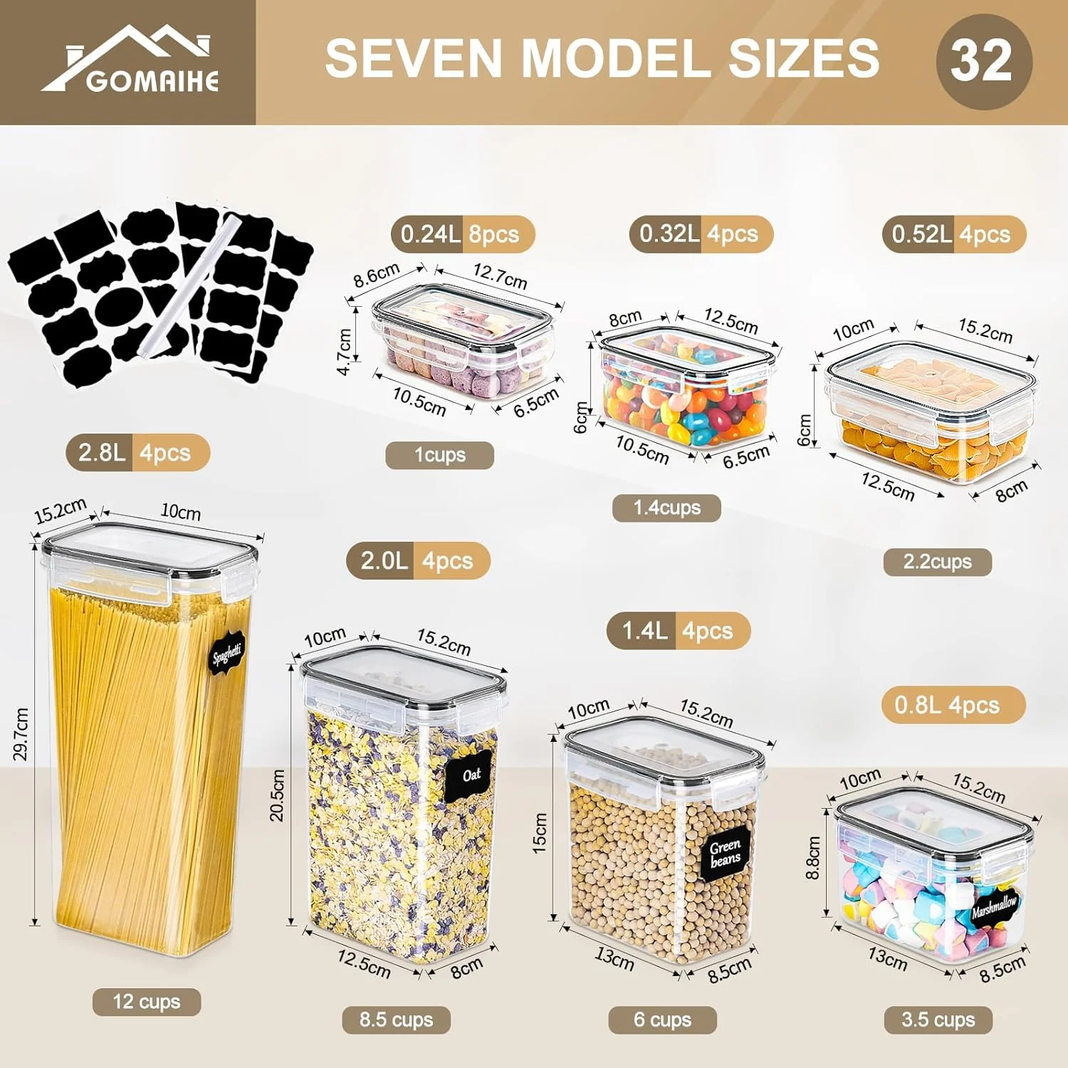 ظروف نگهداری مواد غذایی درب دار GoMaihe: 32 عدد ظروف پلاستیکی | سازمان دهنده و نگهداری آشپزخانه و انبار برای غلات، آرد، شکر، تنقلات | شامل برچسب و ماژیک ظروف نگهداری مواد غذایی درب دار GoMaihe: 32 عدد ظروف پلاستیکی | سازمان دهنده و نگهداری آشپزخانه و انبار برای غلات، آرد، شکر، تنقلات | شامل برچسب و ماژیک