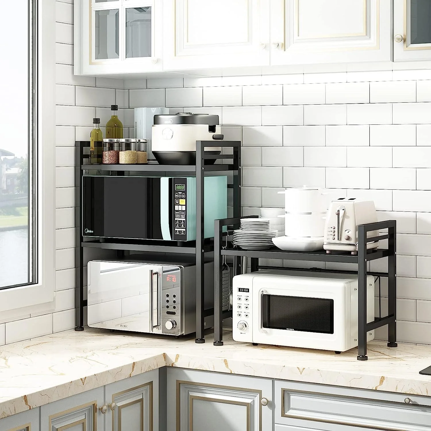 قفسه مایکروویو قابل گسترش GGEROU، قفسه مایکروویو/توستر، پایه سنگین، سازمان دهنده روی میز آشپزخانه، ارتفاع و طول قابل تنظیم، 2 طبقه با 6 قلاب، ظرفیت وزنی 25 کیلوگرم (2 طبقه) قفسه مایکروویو قابل گسترش GGEROU، قفسه مایکروویو/توستر، پایه سنگین، سازمان دهنده روی میز آشپزخانه، ارتفاع و طول قابل تنظیم، 2 طبقه با 6 قلاب، ظرفیت وزنی 25 کیلوگرم (2 طبقه)