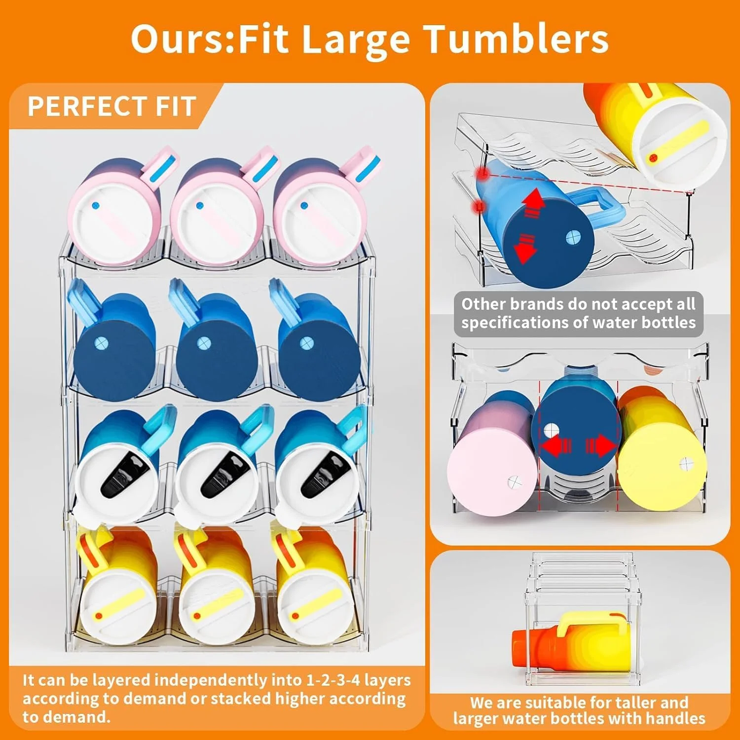 ارگانایزر بطری آب استوانه ای 4 عددی برای کابینت، 12 سانتی متر عرض و 13.5 سانتی متر ارتفاع، مناسب برای بطری های استنلی یتی و سایر لیوان ها، پلاستیک شفاف، مدرن، مناسب برای روی میز، آشپزخانه