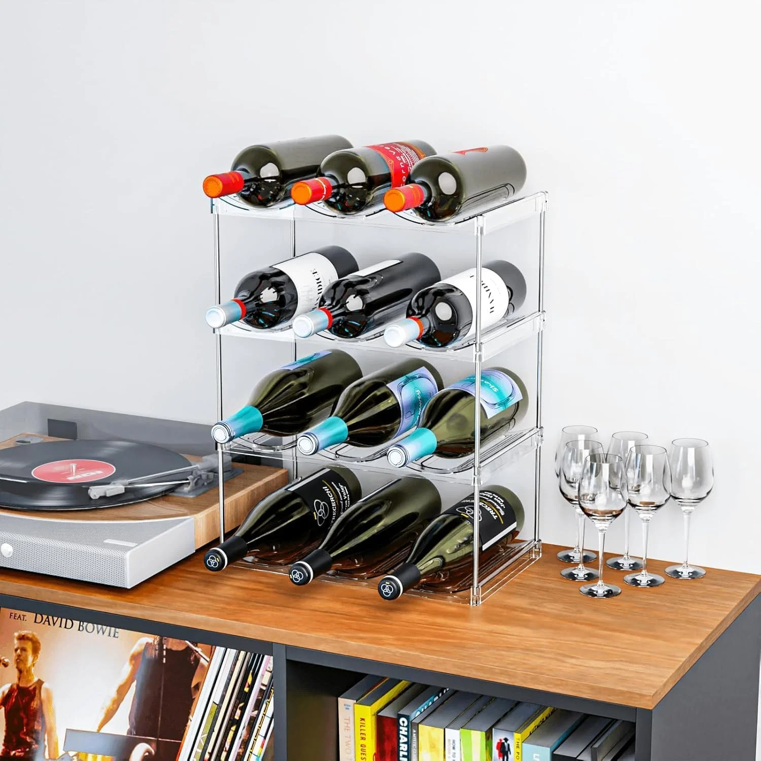 ارگانایزر بطری آب استوانه ای 4 عددی برای کابینت، 12 سانتی متر عرض و 13.5 سانتی متر ارتفاع، مناسب برای بطری های استنلی یتی و سایر لیوان ها، پلاستیک شفاف، مدرن، مناسب برای روی میز، آشپزخانه