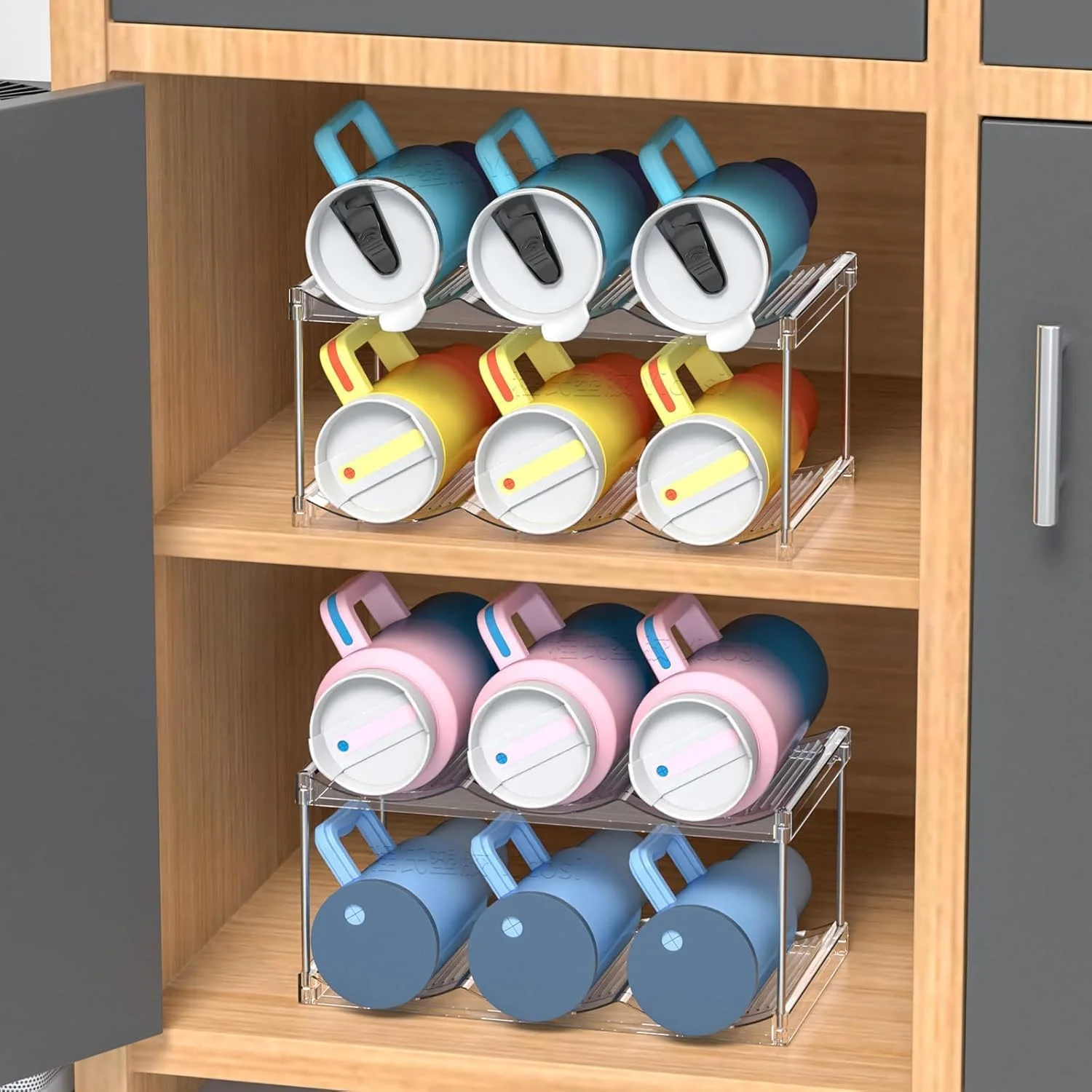 ارگانایزر بطری آب استوانه ای 4 عددی برای کابینت، 12 سانتی متر عرض و 13.5 سانتی متر ارتفاع، مناسب برای بطری های استنلی یتی و سایر لیوان ها، پلاستیک شفاف، مدرن، مناسب برای روی میز، آشپزخانه