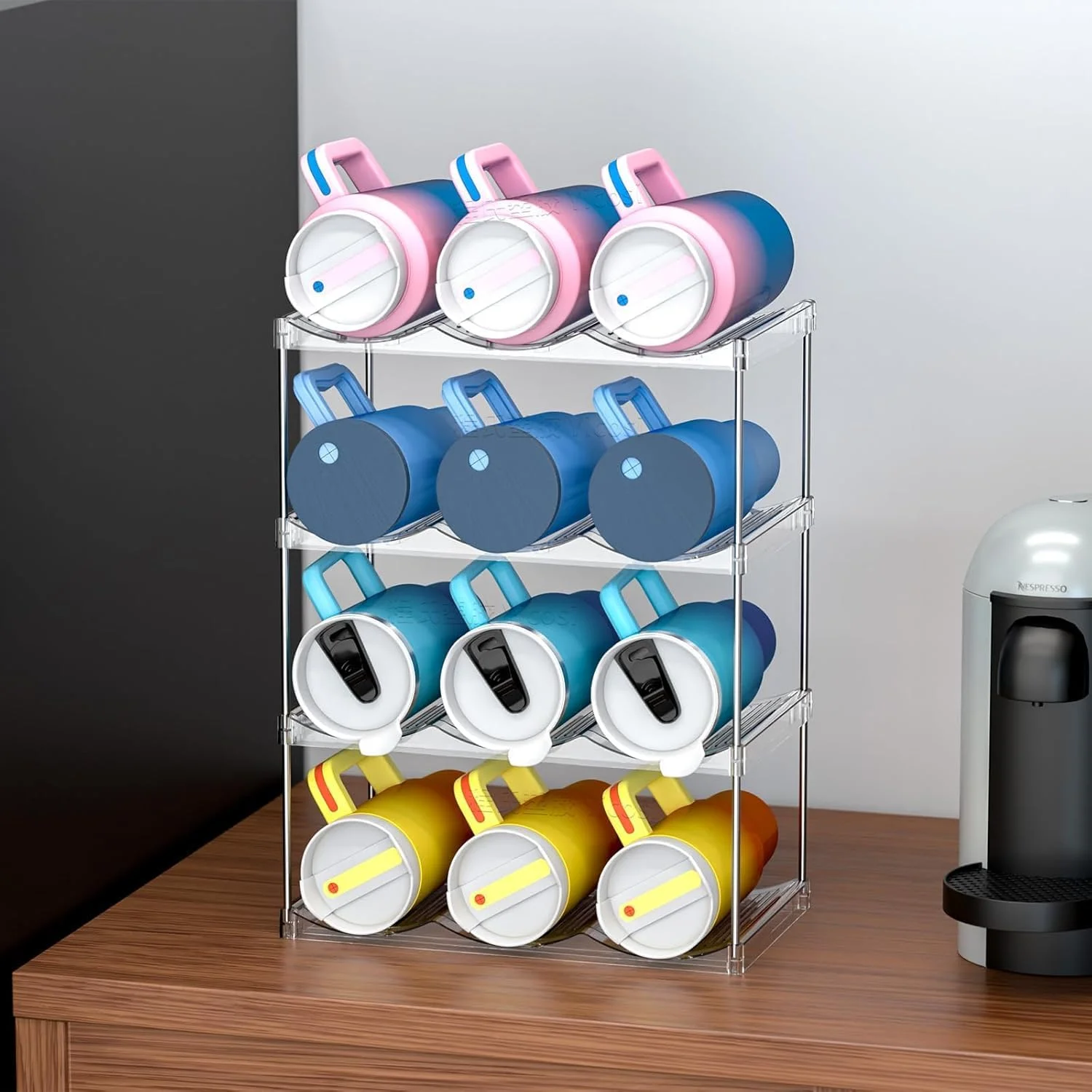 ارگانایزر بطری آب استوانه ای 4 عددی برای کابینت، 12 سانتی متر عرض و 13.5 سانتی متر ارتفاع، مناسب برای بطری های استنلی یتی و سایر لیوان ها، پلاستیک شفاف، مدرن، مناسب برای روی میز، آشپزخانه