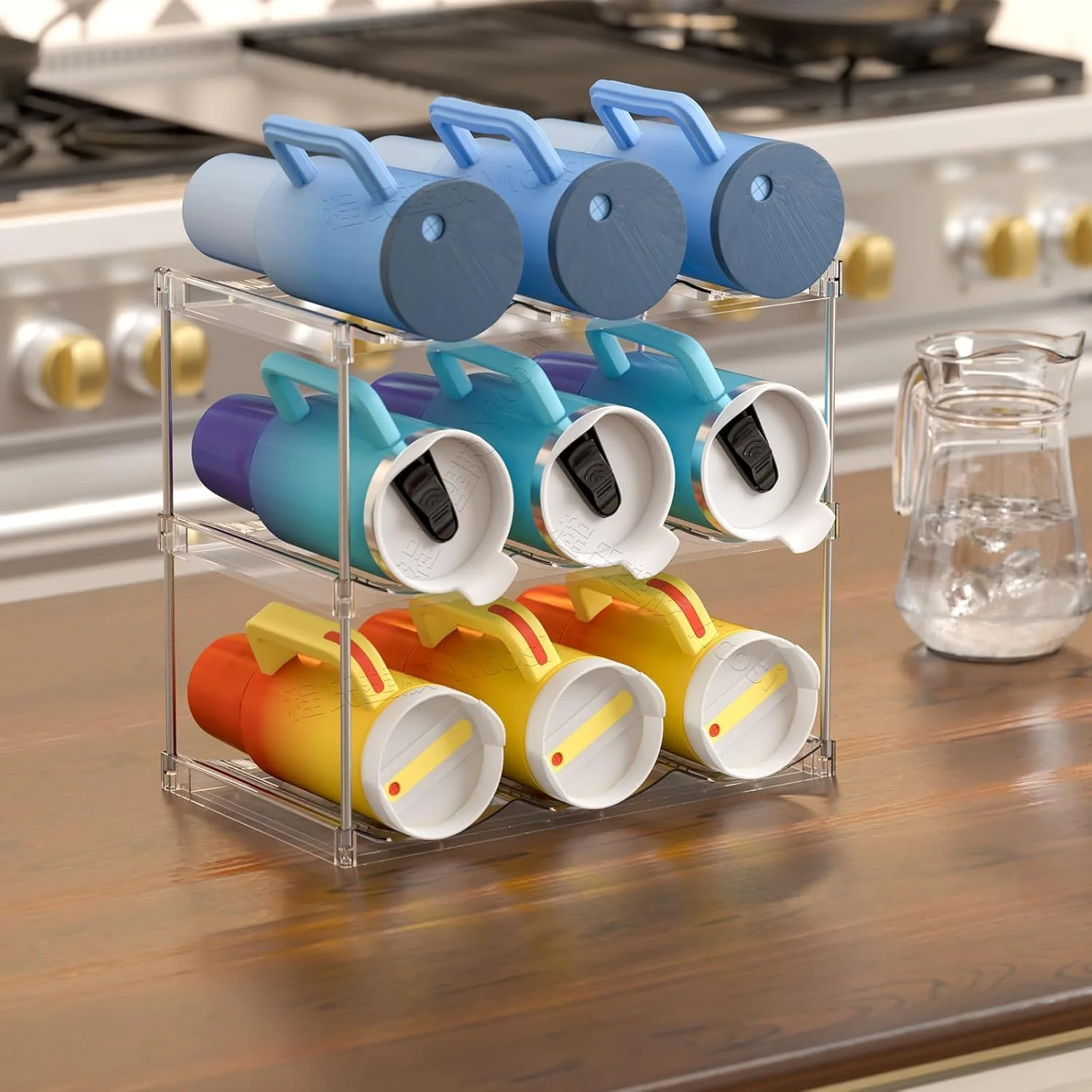 ارگانایزر بطری آب استوانه ای 4 عددی برای کابینت، 12 سانتی متر عرض و 13.5 سانتی متر ارتفاع، مناسب برای بطری های استنلی یتی و سایر لیوان ها، پلاستیک شفاف، مدرن، مناسب برای روی میز، آشپزخانه