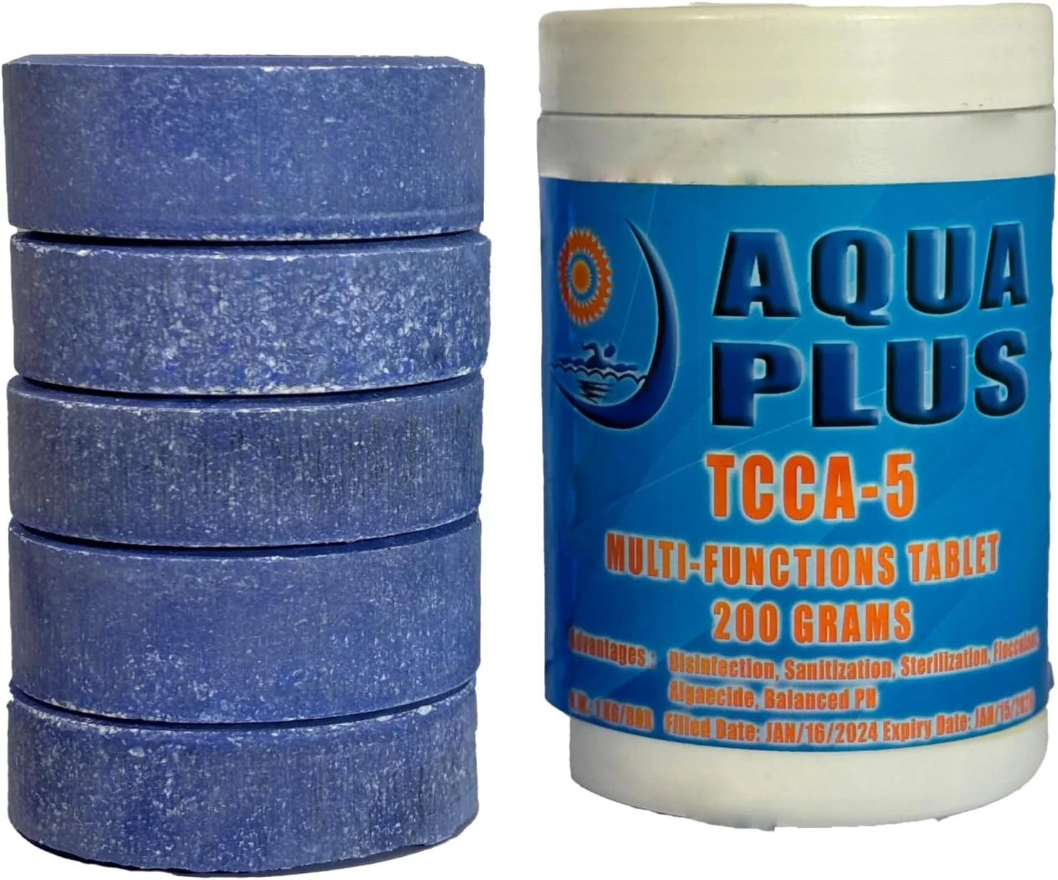 قرص کلر آبی ممتاز AQUA PLUS با قابلیت حل شوندگی آهسته، 1 کیلوگرم، مناسب برای استخر، اسپا، فواره و از بین بردن باکتری های آب، ضدعفونی جلبک با محافظت در برابر نور خورشید/UV، TCCA 3 اینچ 200 گرمی (5 عدد)