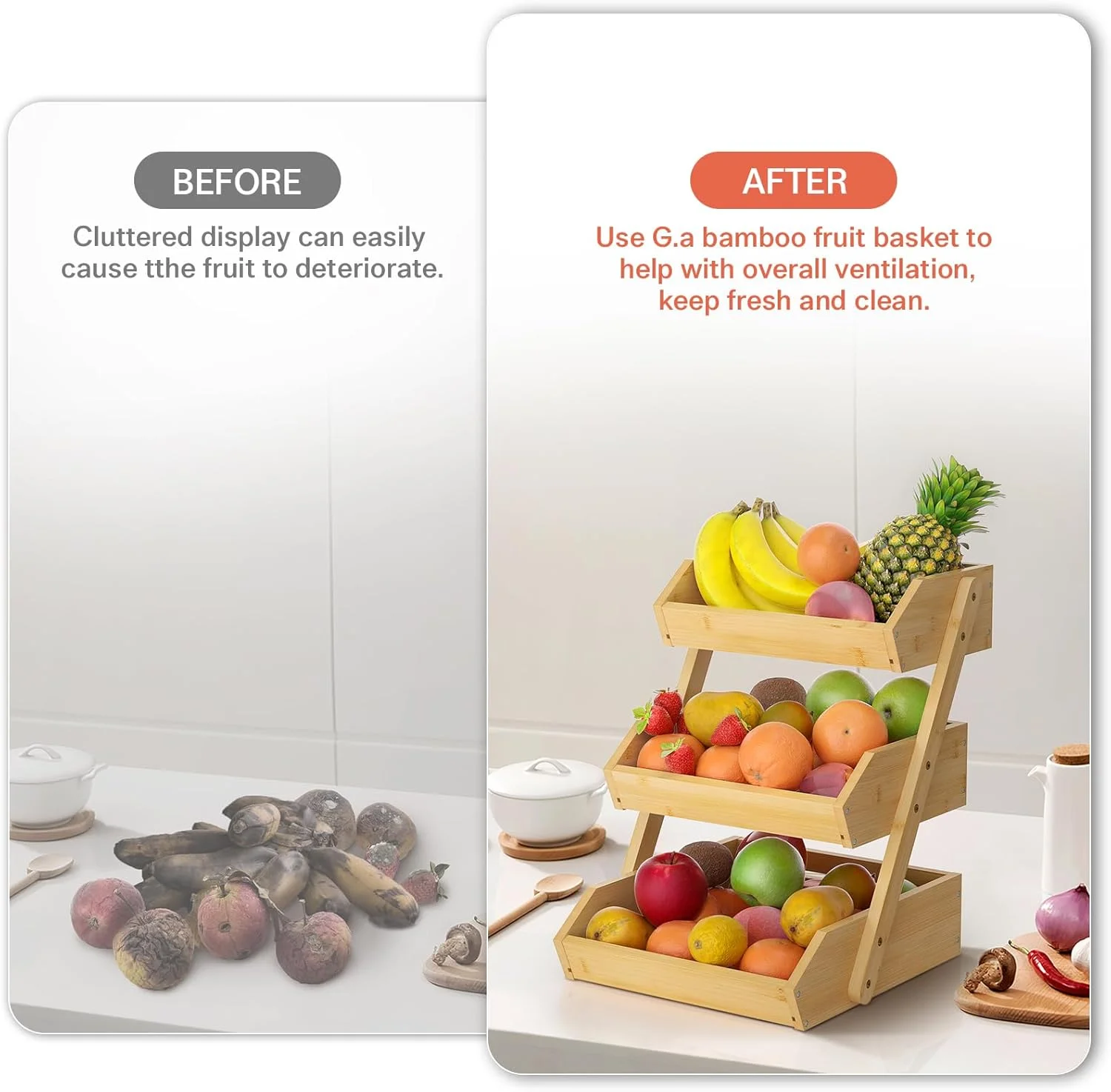 سبد میوه بامبو G.a HOMEFAVOR، جا میوه ای 3 طبقه برای روی میز آشپزخانه، سازمان دهنده میوه برای پیشخوان آشپزخانه، پایه نگهداری سبزیجات، ضخامت 15 میلی متر (خود مونتاژ)