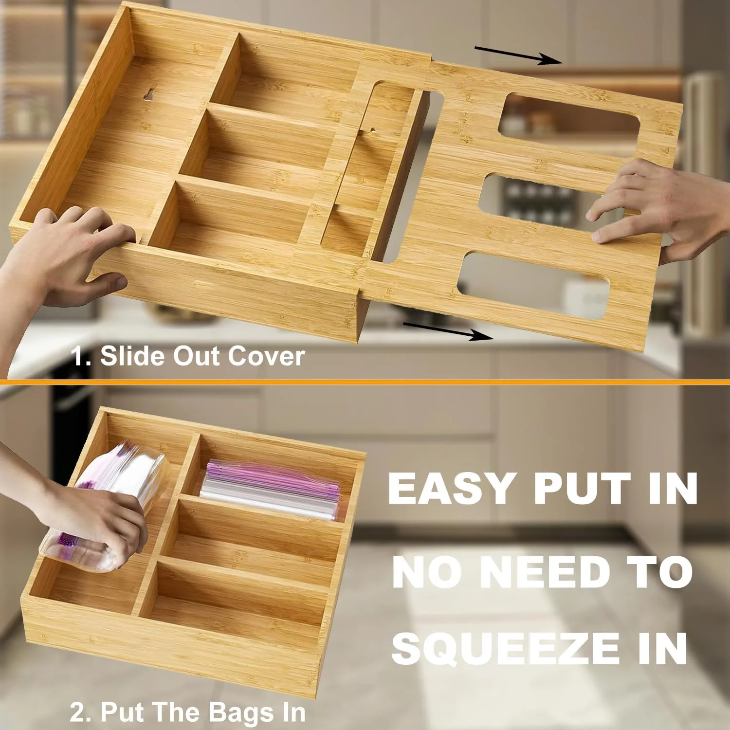 ارگانایزر کیسه های فریزر Funito برای کشوی آشپزخانه، ارگانایزر بامبو، سازگار با انواع سایز کیسه های زیپ کیپ بزرگ، متوسط، ساندویچ و اسنک (1 جعبه 4 اسلات) ارگانایزر کیسه های فریزر Funito برای کشوی آشپزخانه، ارگانایزر بامبو، سازگار با انواع سایز کیسه های زیپ کیپ بزرگ، متوسط، ساندویچ و اسنک (1 جعبه 4 اسلات)