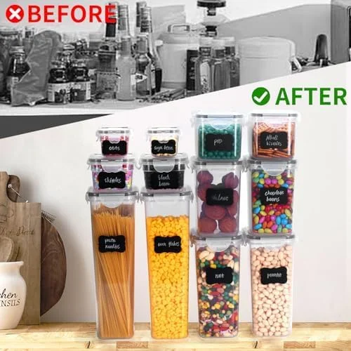 ست 12 عددی ظروف نگهداری مواد غذایی درب دار، ظروف پلاستیکی شفاف برای سازماندهی و نگهداری مواد غذایی در آشپزخانه، مناسب برای نگهداری غلات، آرد، شکر، پاستا و مواد غذایی خشک به همراه برچسب و قاشق های اندازه گیری ست 12 عددی ظروف نگهداری مواد غذایی درب دار، ظروف پلاستیکی شفاف برای سازماندهی و نگهداری مواد غذایی در آشپزخانه، مناسب برای نگهداری غلات، آرد، شکر، پاستا و مواد غذایی خشک به همراه برچسب و قاشق های اندازه گیری
