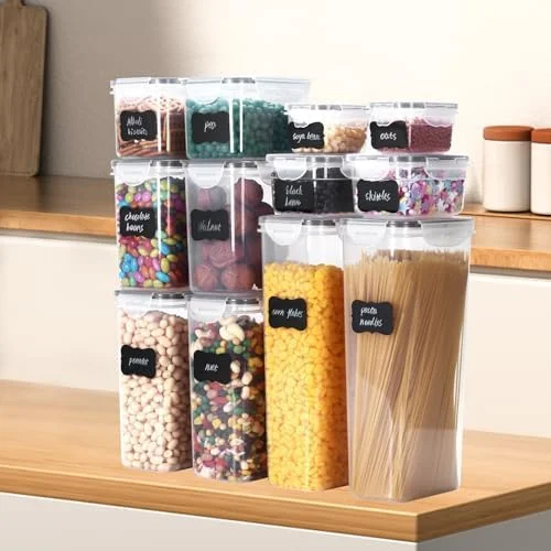 ست 12 عددی ظروف نگهداری مواد غذایی درب دار، ظروف پلاستیکی شفاف برای سازماندهی و نگهداری مواد غذایی در آشپزخانه، مناسب برای نگهداری غلات، آرد، شکر، پاستا و مواد غذایی خشک به همراه برچسب و قاشق های اندازه گیری ست 12 عددی ظروف نگهداری مواد غذایی درب دار، ظروف پلاستیکی شفاف برای سازماندهی و نگهداری مواد غذایی در آشپزخانه، مناسب برای نگهداری غلات، آرد، شکر، پاستا و مواد غذایی خشک به همراه برچسب و قاشق های اندازه گیری