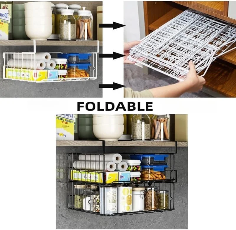 سبد سیمی زیر قفسه Fohome، بسته 2 عددی سبد ذخیره سازی فلزی زیر کابینت، قفسه های ذخیره سازی اضافی زیر قفسه، قفسه های سبد سیمی آویز برای آشپزخانه، انبار، قفسه کتاب، 12.6 اینچ (مشکی)