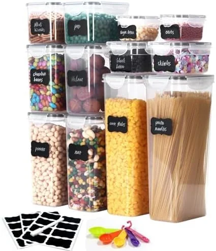 ست 12 عددی ظروف نگهداری مواد غذایی درب دار، ظروف پلاستیکی شفاف برای سازماندهی و نگهداری مواد غذایی در آشپزخانه، مناسب برای نگهداری غلات، آرد، شکر، پاستا و مواد غذایی خشک به همراه برچسب و قاشق های اندازه گیری ست 12 عددی ظروف نگهداری مواد غذایی درب دار، ظروف پلاستیکی شفاف برای سازماندهی و نگهداری مواد غذایی در آشپزخانه، مناسب برای نگهداری غلات، آرد، شکر، پاستا و مواد غذایی خشک به همراه برچسب و قاشق های اندازه گیری