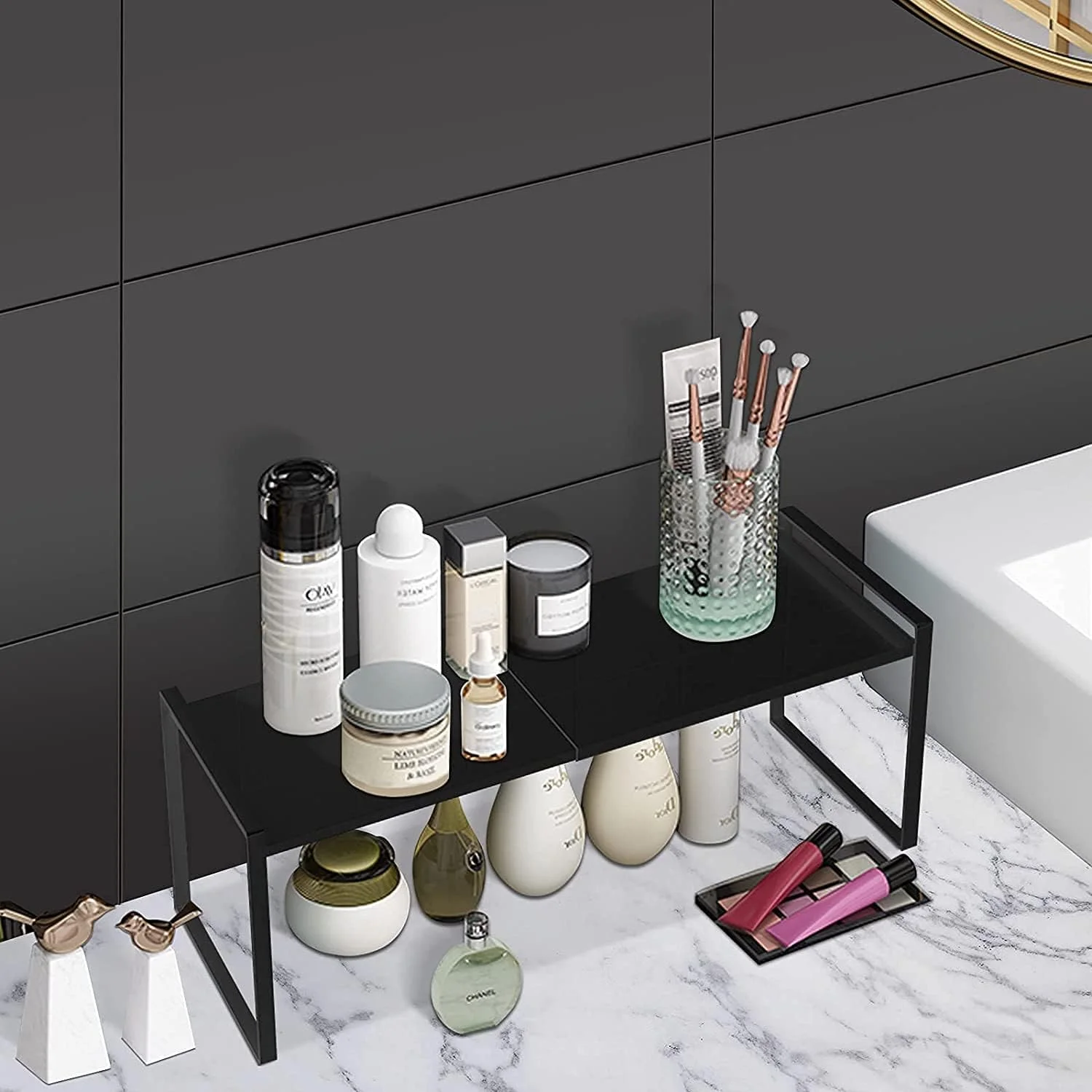 قفسه ارگانایزر رومیزی قابل گسترش Forthcan، قفسه آشپزخانه چند منظوره متحرک، قفسه ادویه، قفسه کابینت، قفسه انبار زیر سینک (9 اینچ X 11.8 اینچ، مشکی)