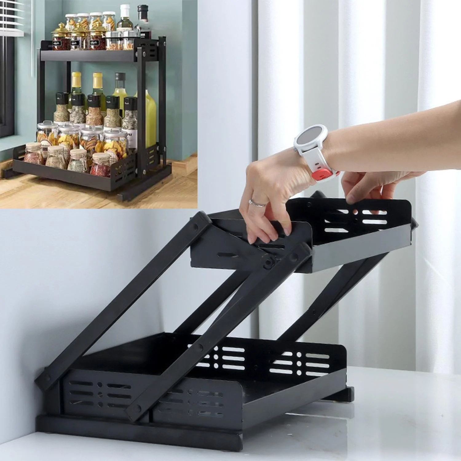 سازمان دهنده قفسه ادویه دو طبقه کشویی FALAHOM، نگهدارنده قوطی های ایستاده، سازمان دهنده قفسه چاشنی تاشو برای نگهداری آشپزخانه، روی کابینت و زیر سینک (مشکی، 2 طبقه)