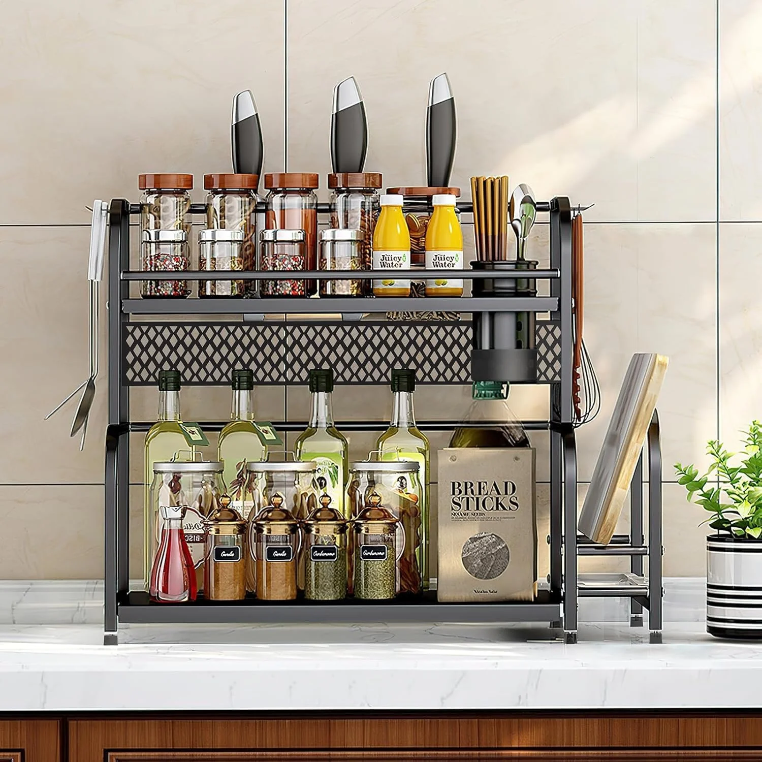 ارگانایزر ادویه جات Fohome، ارگانایزر قفسه آشپزخانه ایستاده 2 طبقه، ارگانایزر فلزی ادویه جات برای روی میز، ارگانایزر ادویه آشپزخانه با قلاب برای نگهداری ادویه جات، کاتر