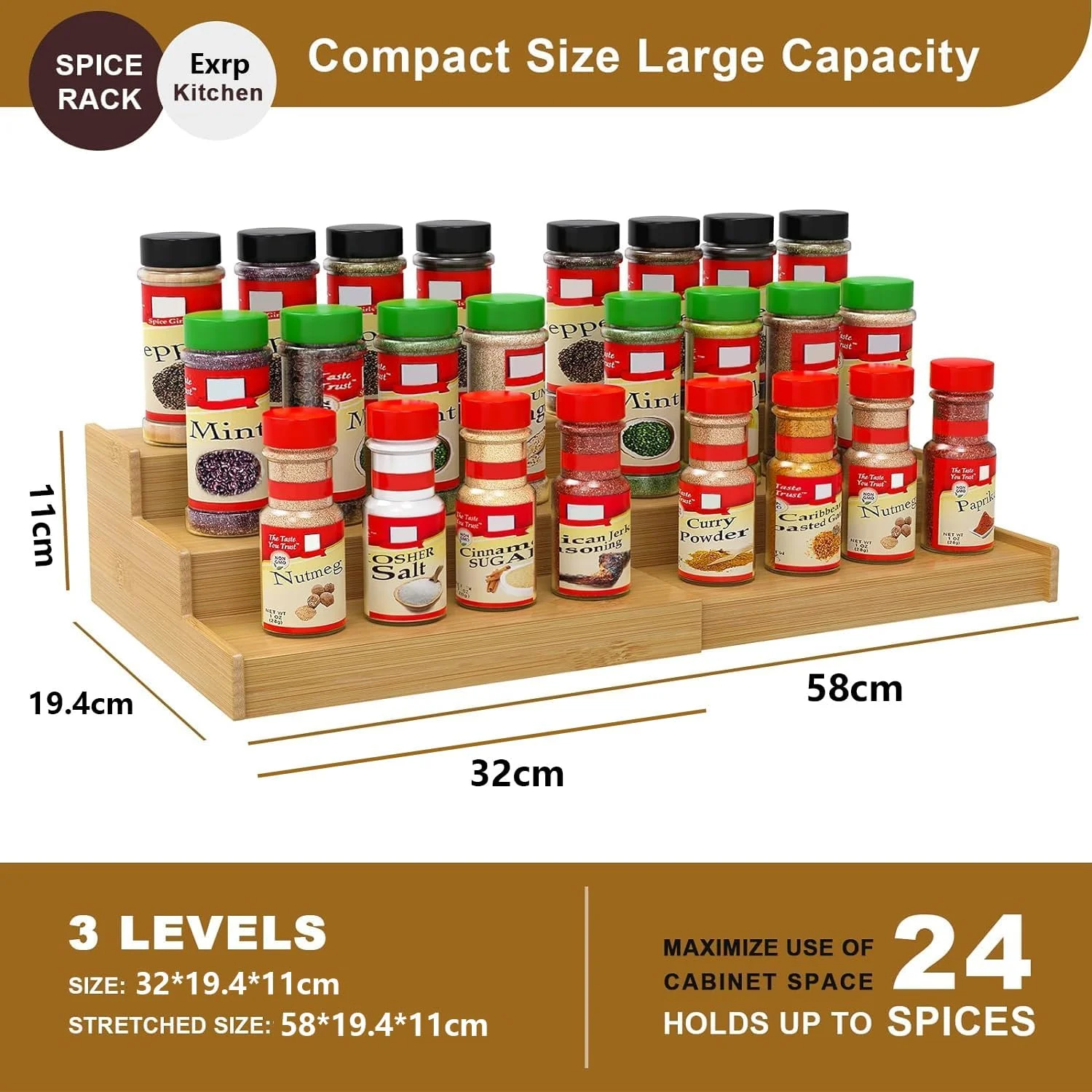 ارگانایزر کابینت آشپزخانه قفسه ادویه - قفسه نمایشگر بامبو 3 طبقه قابل گسترش