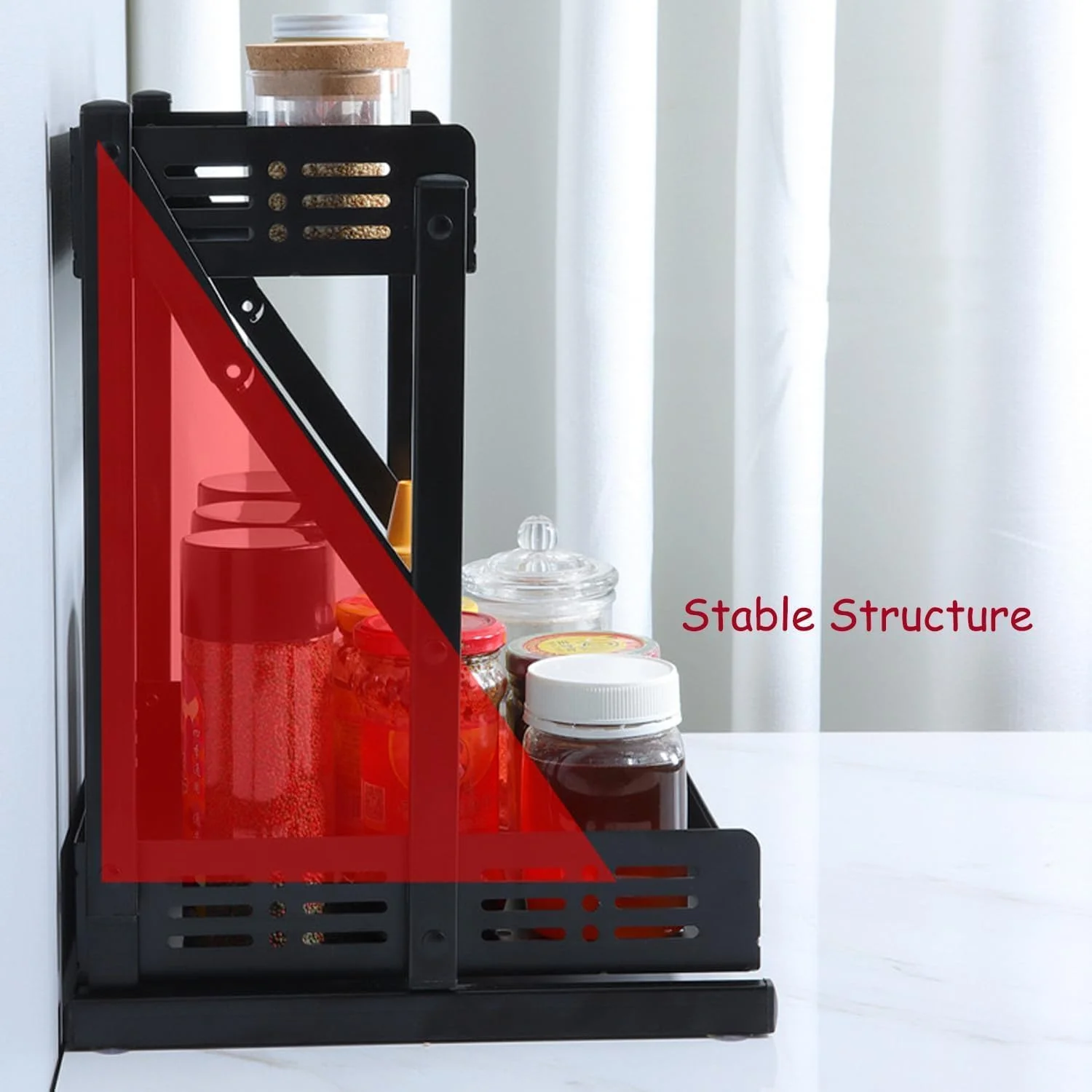 سازمان دهنده قفسه ادویه دو طبقه کشویی FALAHOM، نگهدارنده قوطی های ایستاده، سازمان دهنده قفسه چاشنی تاشو برای نگهداری آشپزخانه، روی کابینت و زیر سینک (مشکی، 2 طبقه)