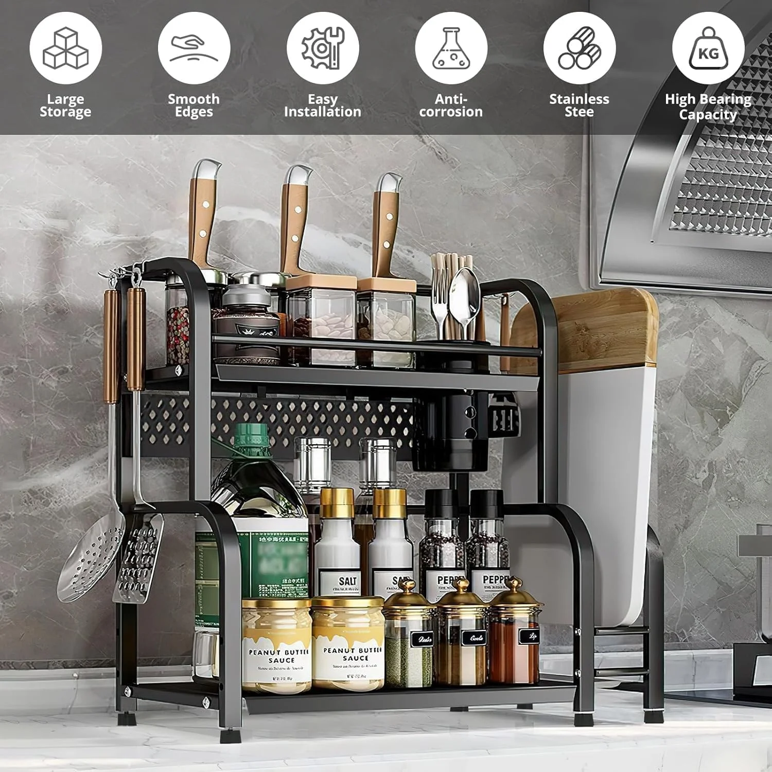 ارگانایزر ادویه جات Fohome، ارگانایزر قفسه آشپزخانه ایستاده 2 طبقه، ارگانایزر فلزی ادویه جات برای روی میز، ارگانایزر ادویه آشپزخانه با قلاب برای نگهداری ادویه جات، کاتر