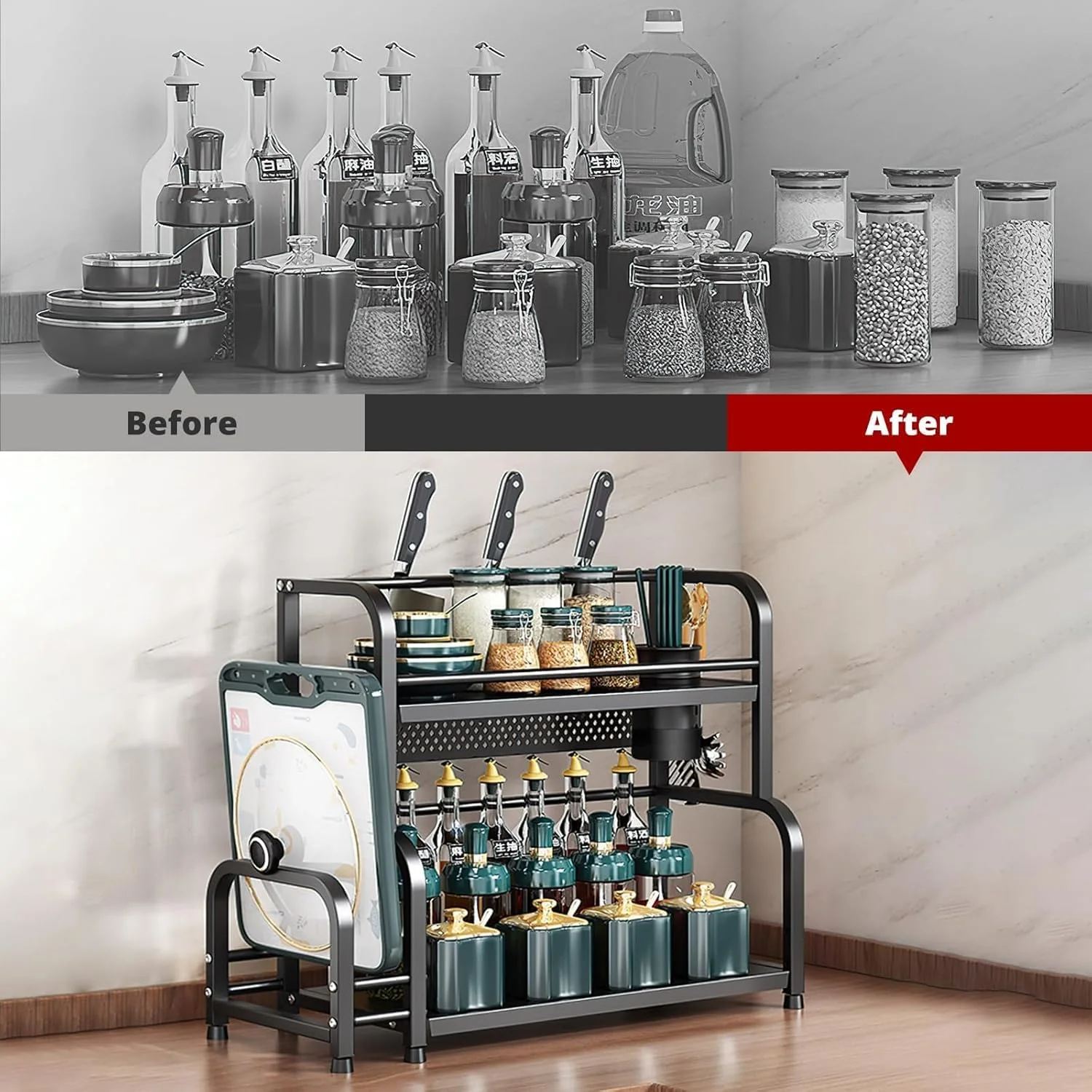 ارگانایزر ادویه جات Fohome، ارگانایزر قفسه آشپزخانه ایستاده 2 طبقه، ارگانایزر فلزی ادویه جات برای روی میز، ارگانایزر ادویه آشپزخانه با قلاب برای نگهداری ادویه جات، کاتر