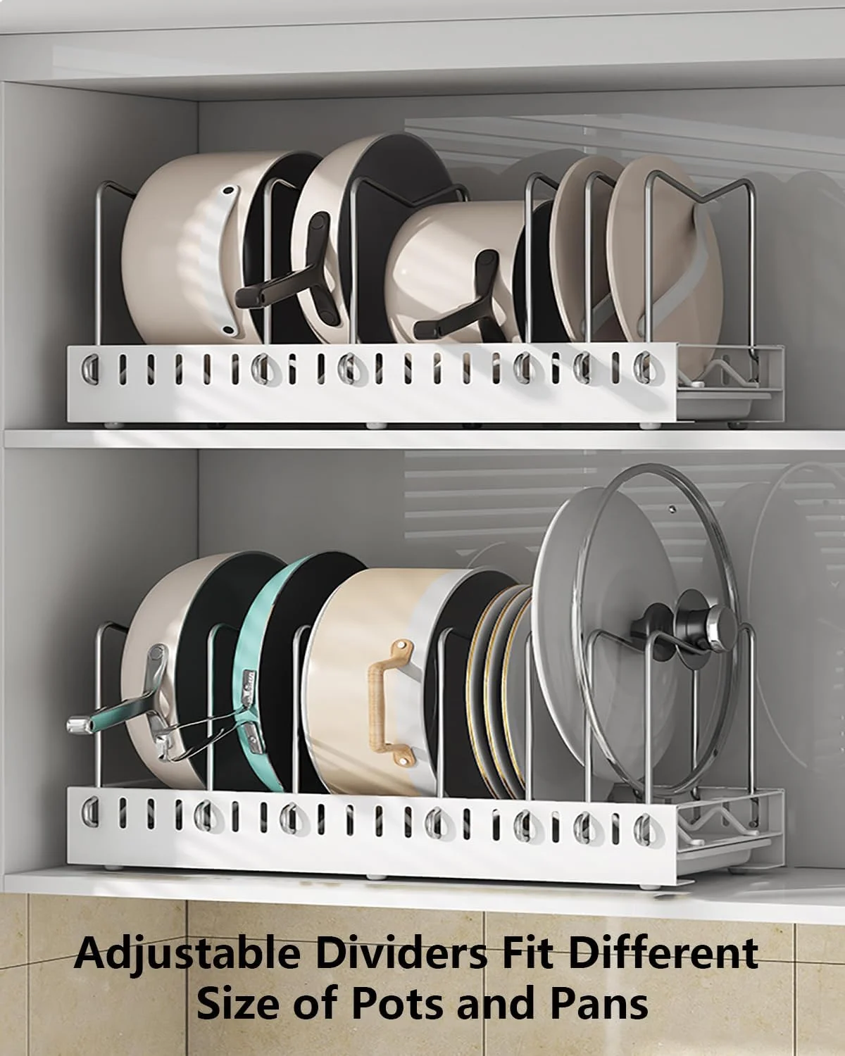 ارگانایزر قابلمه و تابه Exrp برای زیر کابینت، ارگانایزر تابه کشویی داخل کابینت برای سازماندهی و نگهداری کابینت آشپزخانه با جداکننده های قابل تنظیم و جداکننده دسته دار ارگانایزر قابلمه و تابه Exrp برای زیر کابینت، ارگانایزر تابه کشویی داخل کابینت برای سازماندهی و نگهداری کابینت آشپزخانه با جداکننده های قابل تنظیم و جداکننده دسته دار