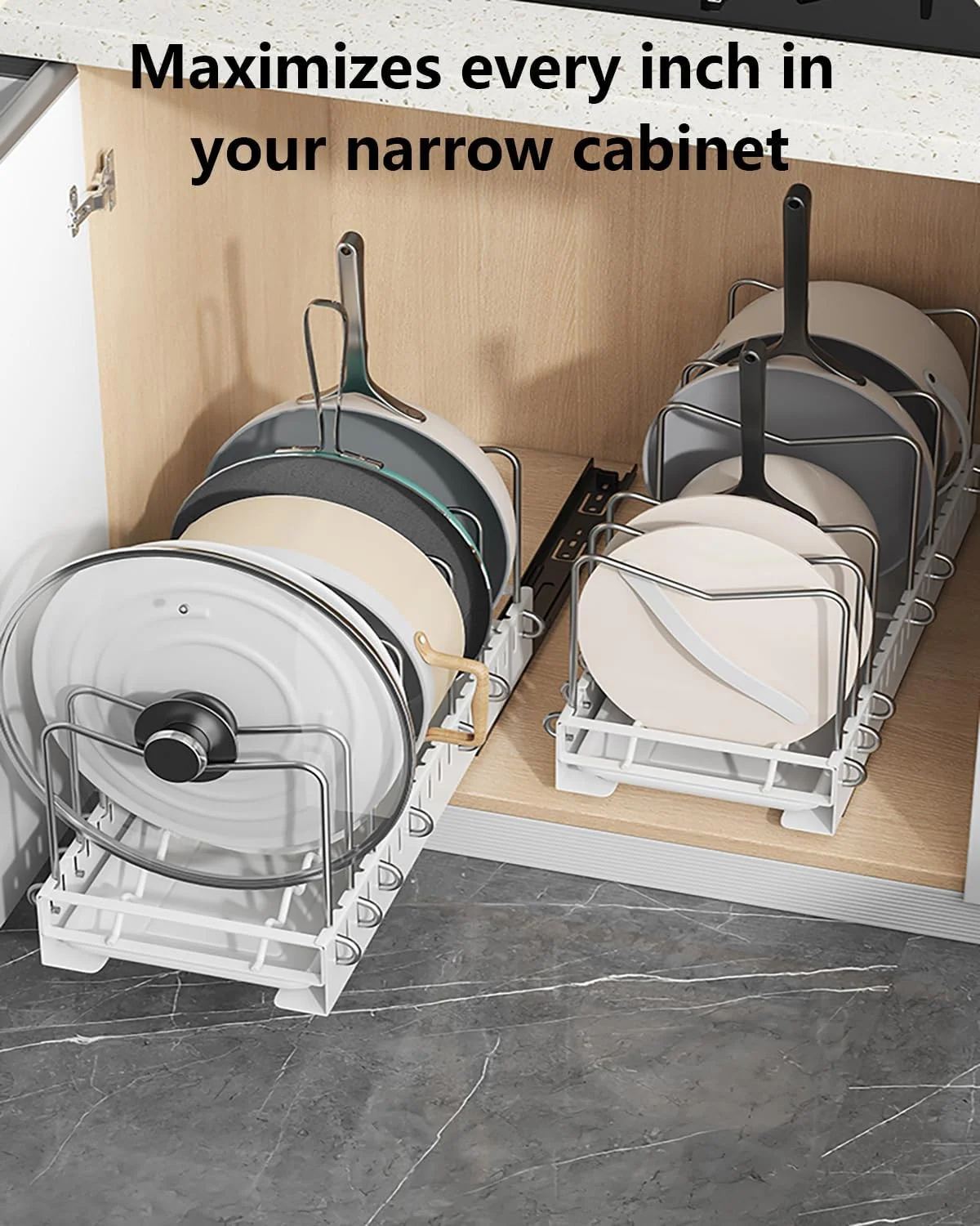 ارگانایزر قابلمه و تابه Exrp برای زیر کابینت، ارگانایزر تابه کشویی داخل کابینت برای سازماندهی و نگهداری کابینت آشپزخانه با جداکننده های قابل تنظیم و جداکننده دسته دار ارگانایزر قابلمه و تابه Exrp برای زیر کابینت، ارگانایزر تابه کشویی داخل کابینت برای سازماندهی و نگهداری کابینت آشپزخانه با جداکننده های قابل تنظیم و جداکننده دسته دار