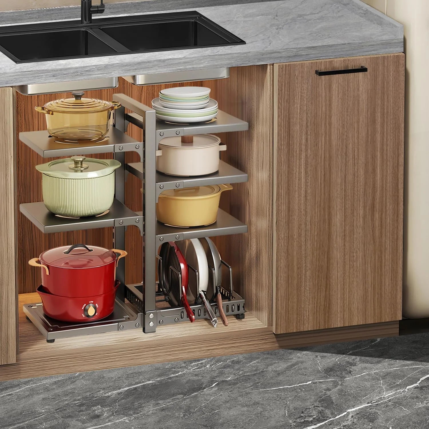 ارگانایزر قابلمه و تابه سنگین Exrp برای زیر کابینت، قفسه 7 طبقه قابل تنظیم برای سازماندهی و نگهداری قابلمه و تابه در کابینت آشپزخانه ارگانایزر قابلمه و تابه سنگین Exrp برای زیر کابینت، قفسه 7 طبقه قابل تنظیم برای سازماندهی و نگهداری قابلمه و تابه در کابینت آشپزخانه